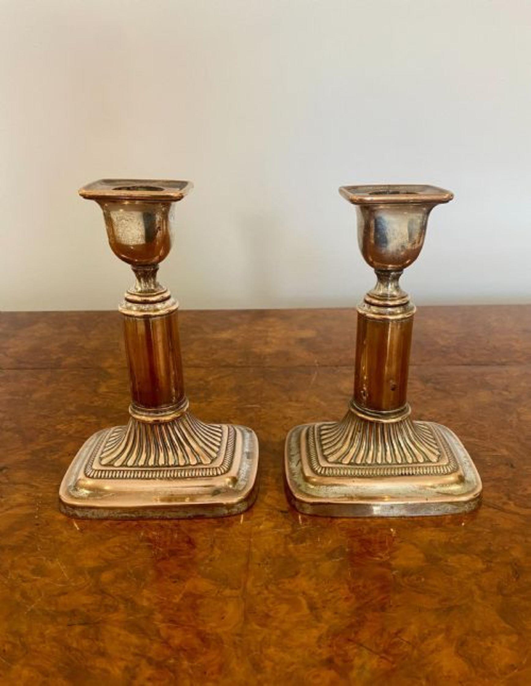 Pair of antique quality Victorian Sheffield plated telescopic candlesticks, quality pair of antique old Sheffield plated telescopic candlesticks on a reeded rectangular base
