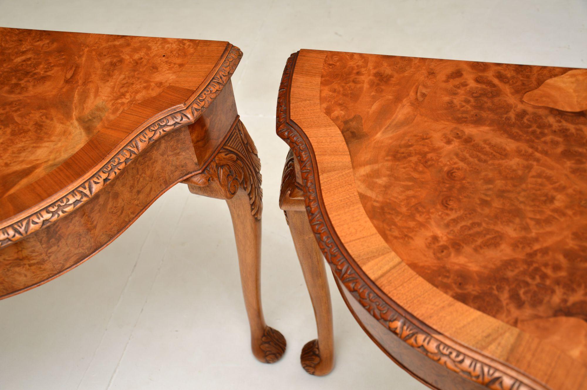 Pair of Antique Queen Anne Style Burr Walnut Console Tables For Sale 5