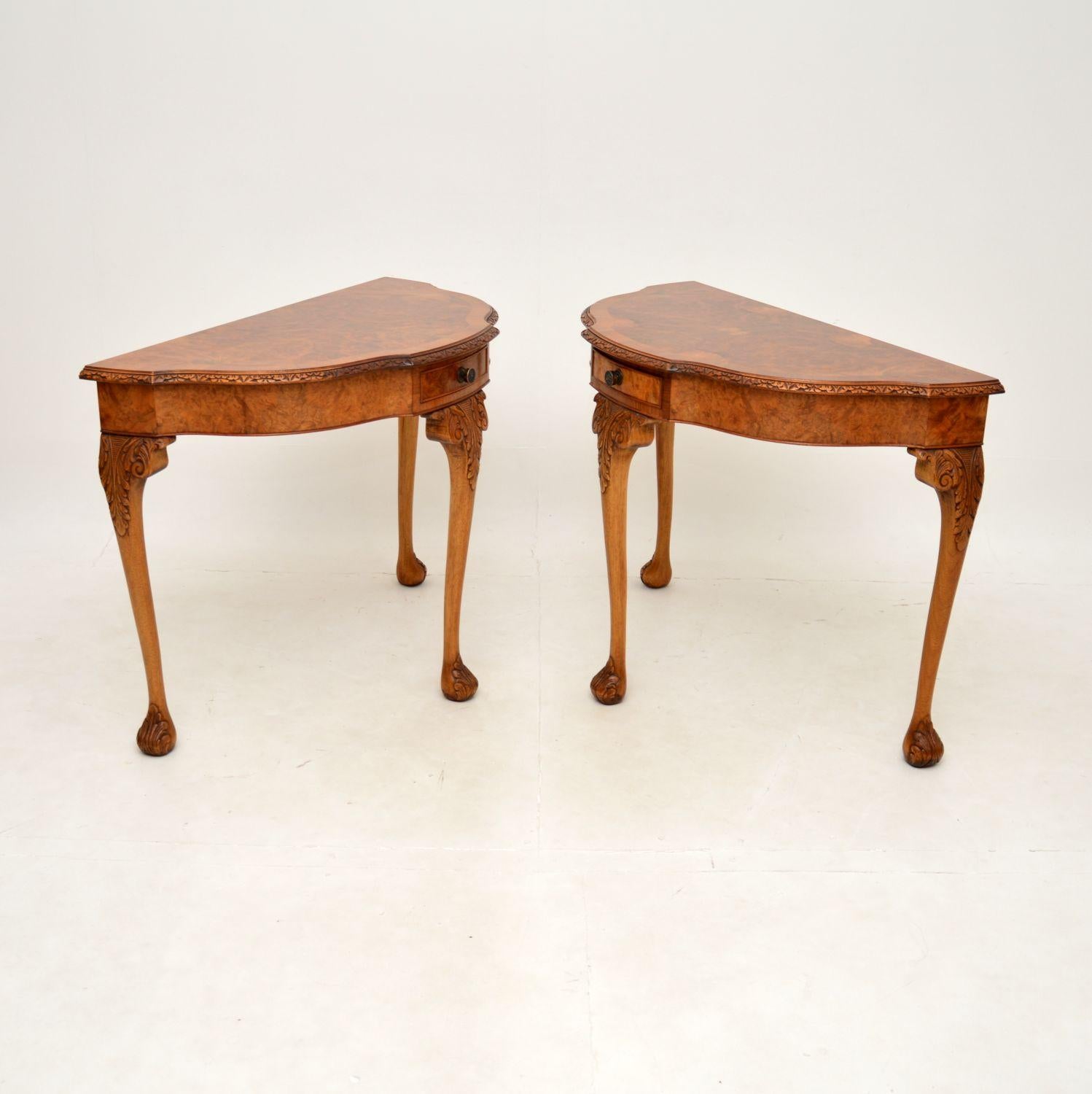 British Pair of Antique Queen Anne Style Burr Walnut Console Tables For Sale