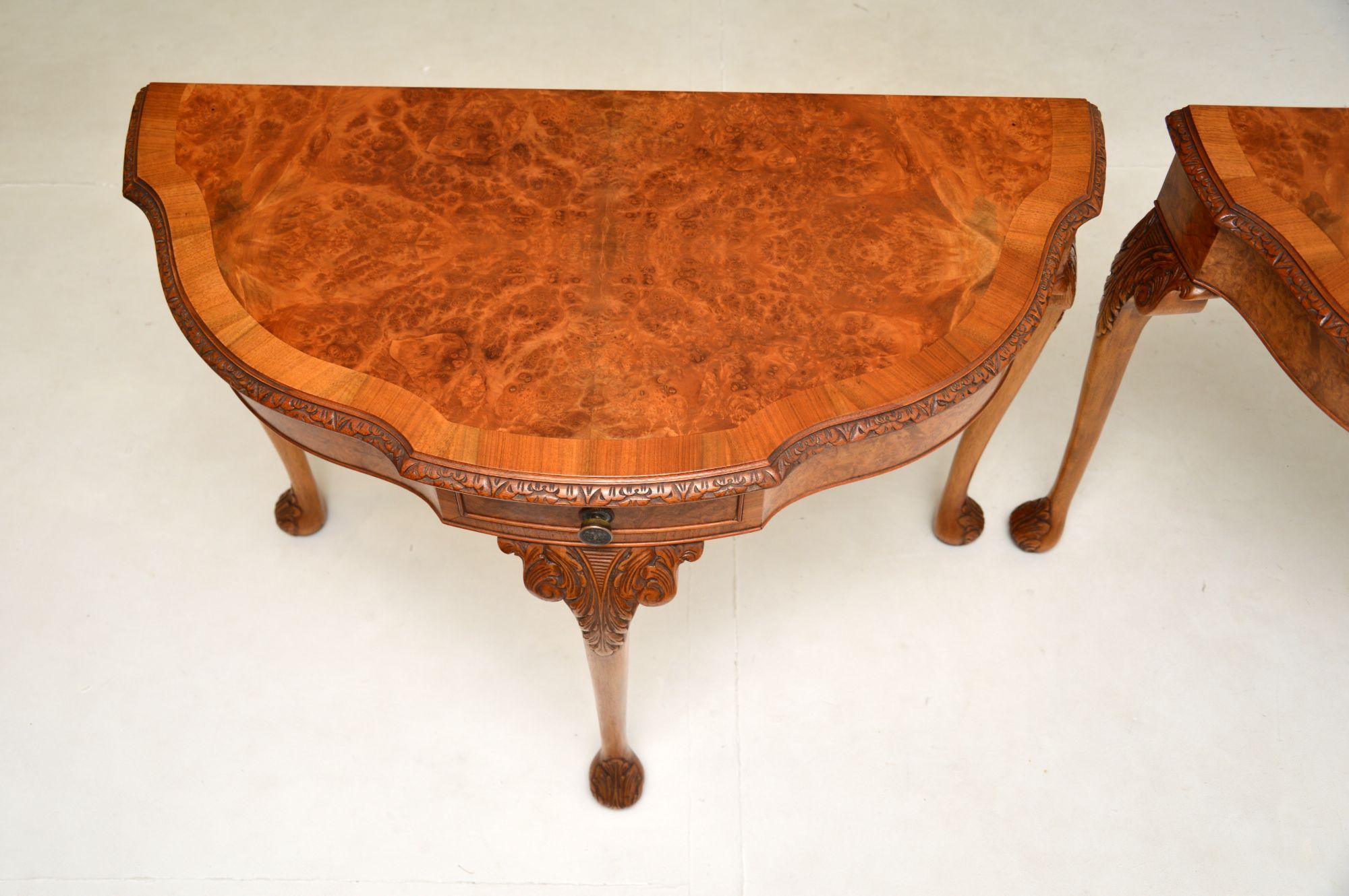 Pair of Antique Queen Anne Style Burr Walnut Console Tables For Sale 3