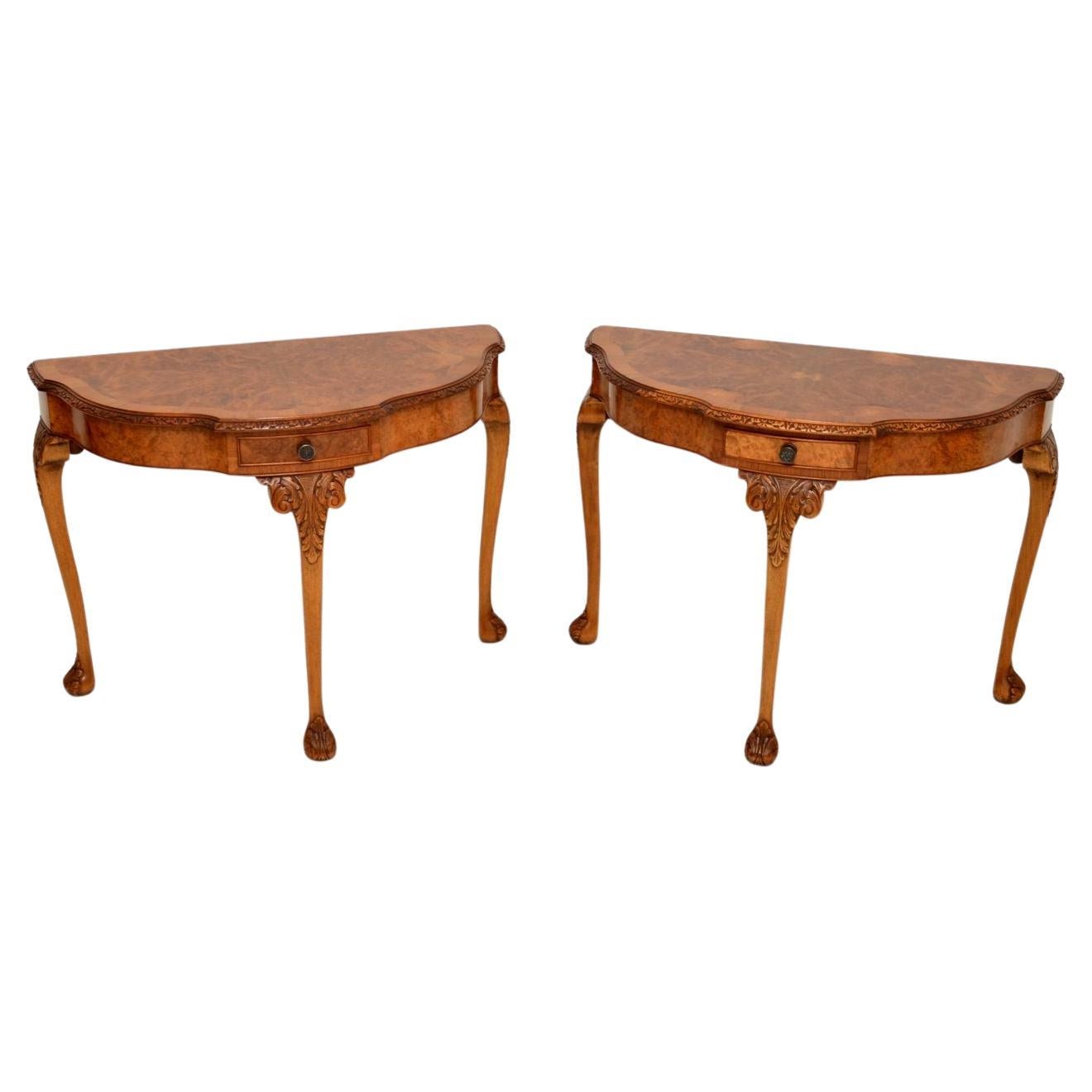 Pair of Antique Queen Anne Style Burr Walnut Console Tables For Sale