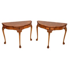 Pair of Vintage Queen Anne Style Burr Walnut Console Tables