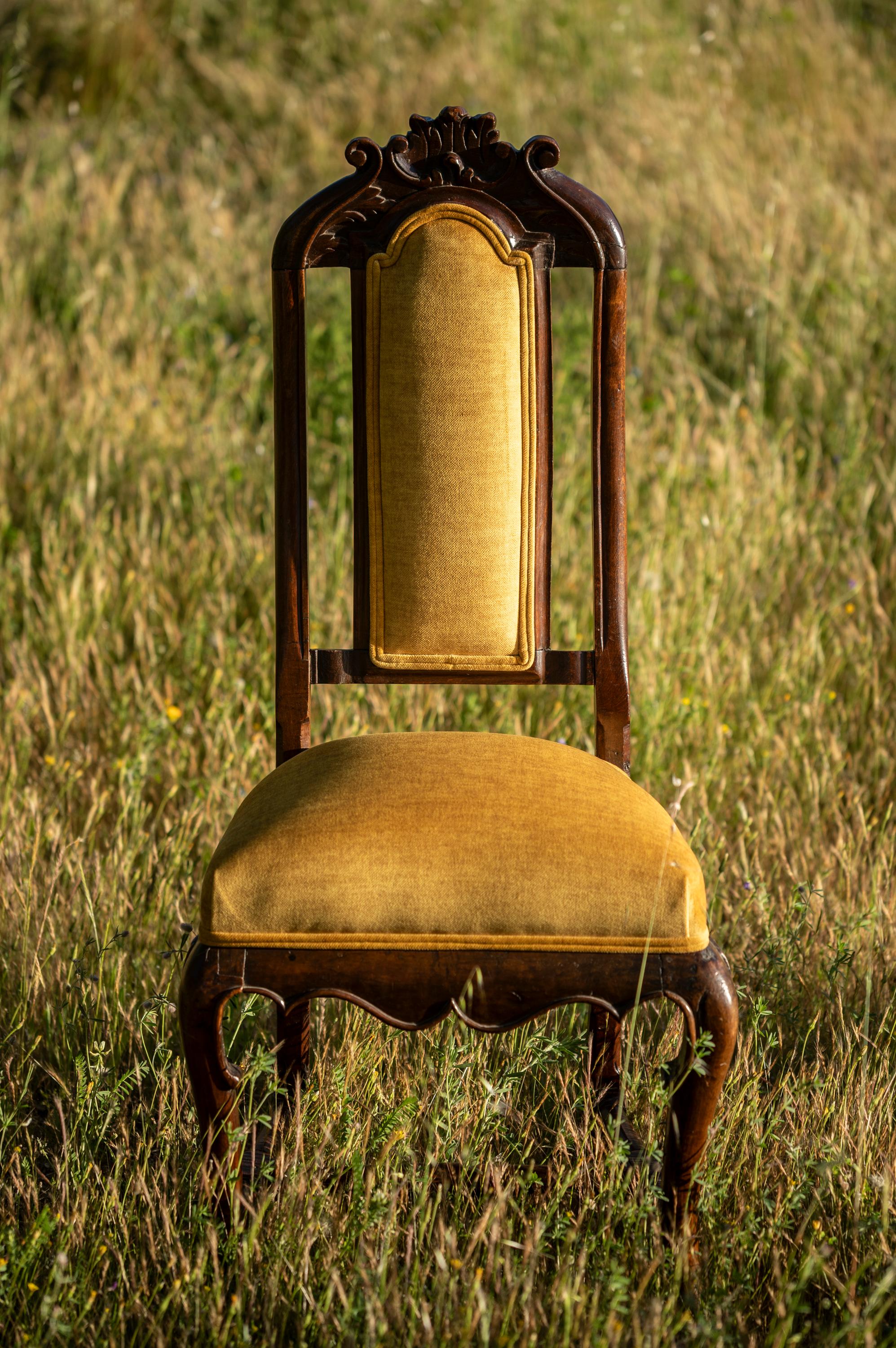 Pair of Antique Queen Anne Style Chairs w Modern Vivid Orange Yellow Upholstery For Sale 8