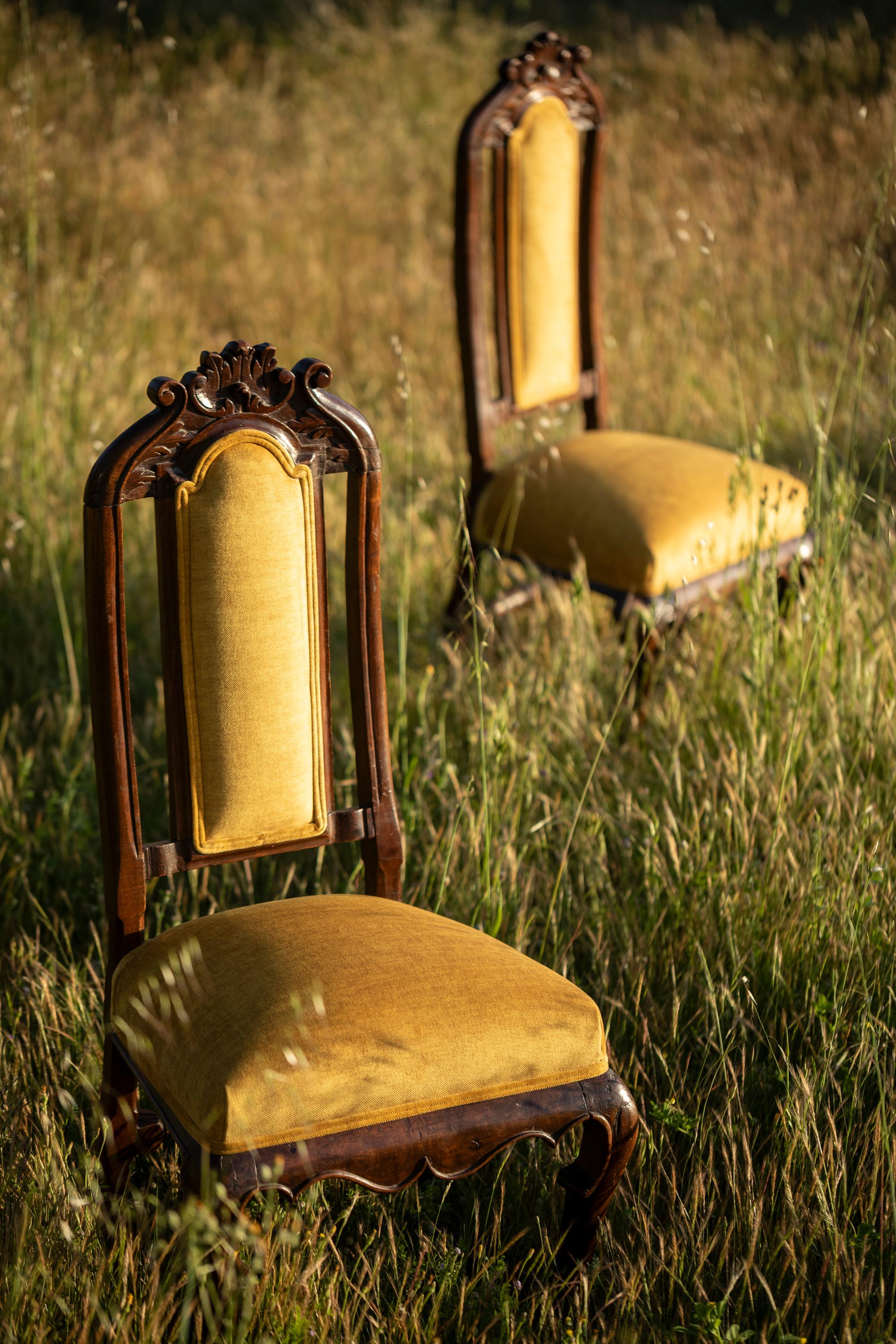 Pair of Antique Queen Anne Style Chairs w Modern Vivid Orange Yellow Upholstery For Sale 9