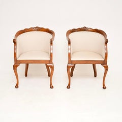 Pair of Antique Queen Anne Style Walnut Tub Armchairs