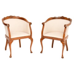 Pair of Antique Queen Anne Style Walnut Tub Armchairs