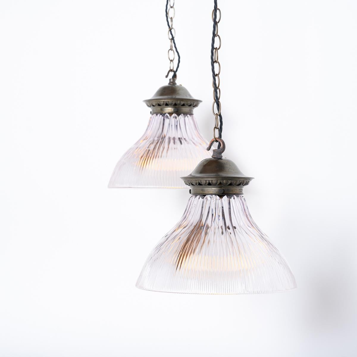 Pair of Antique Rare Lilac Holophane Glass Pendant Lights with Brass Galleries In Good Condition In Nottingham, GB