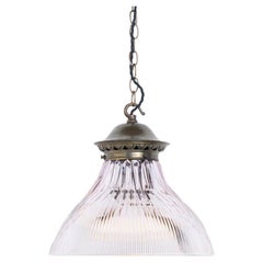 Pair of Antique Rare Lilac Holophane Glass Pendant Lights with Brass Galleries