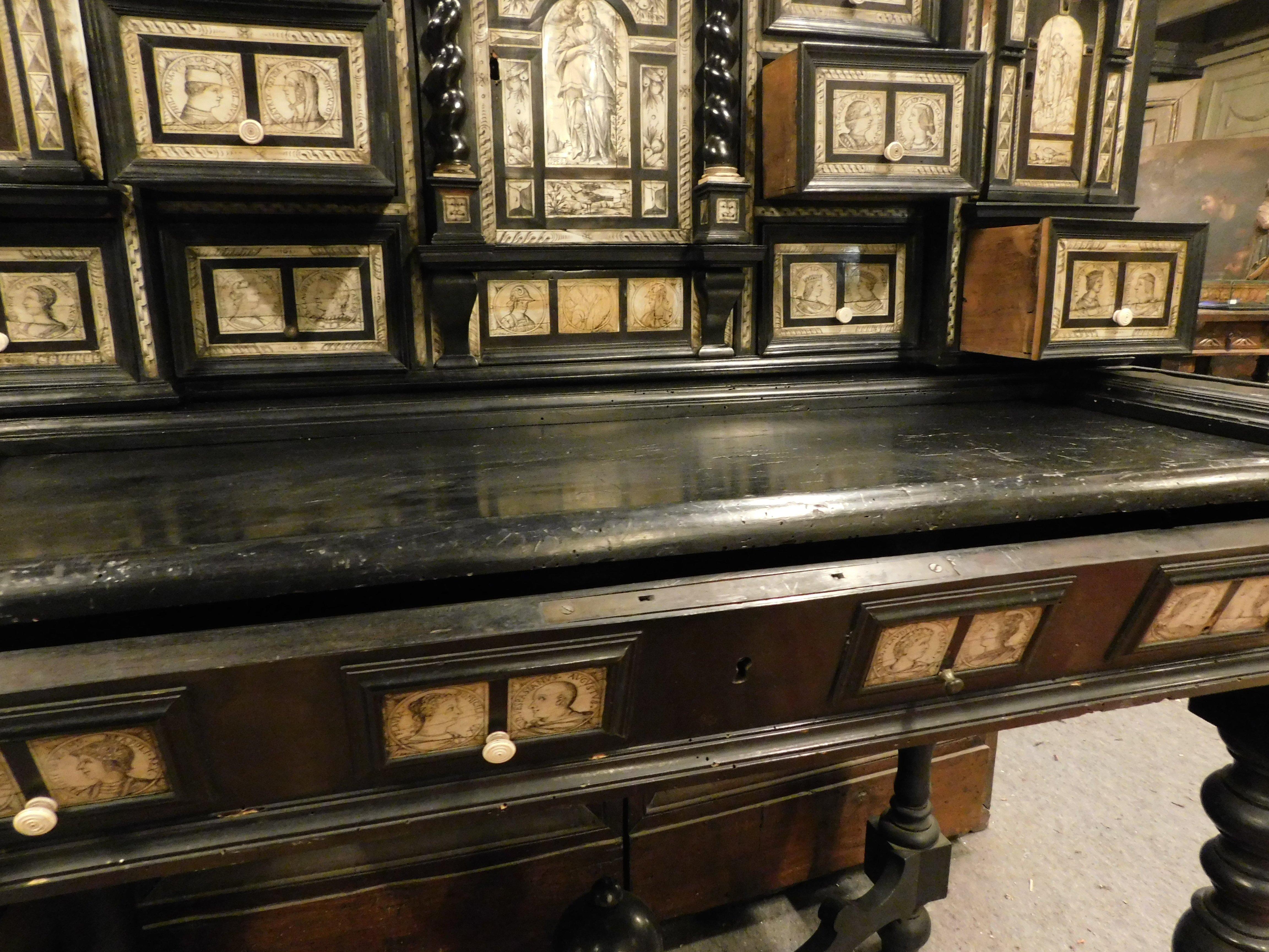 Pair of Antique Rare Richly Inlaid Wooden Coin Cabinets, 18th Century, Italy 7