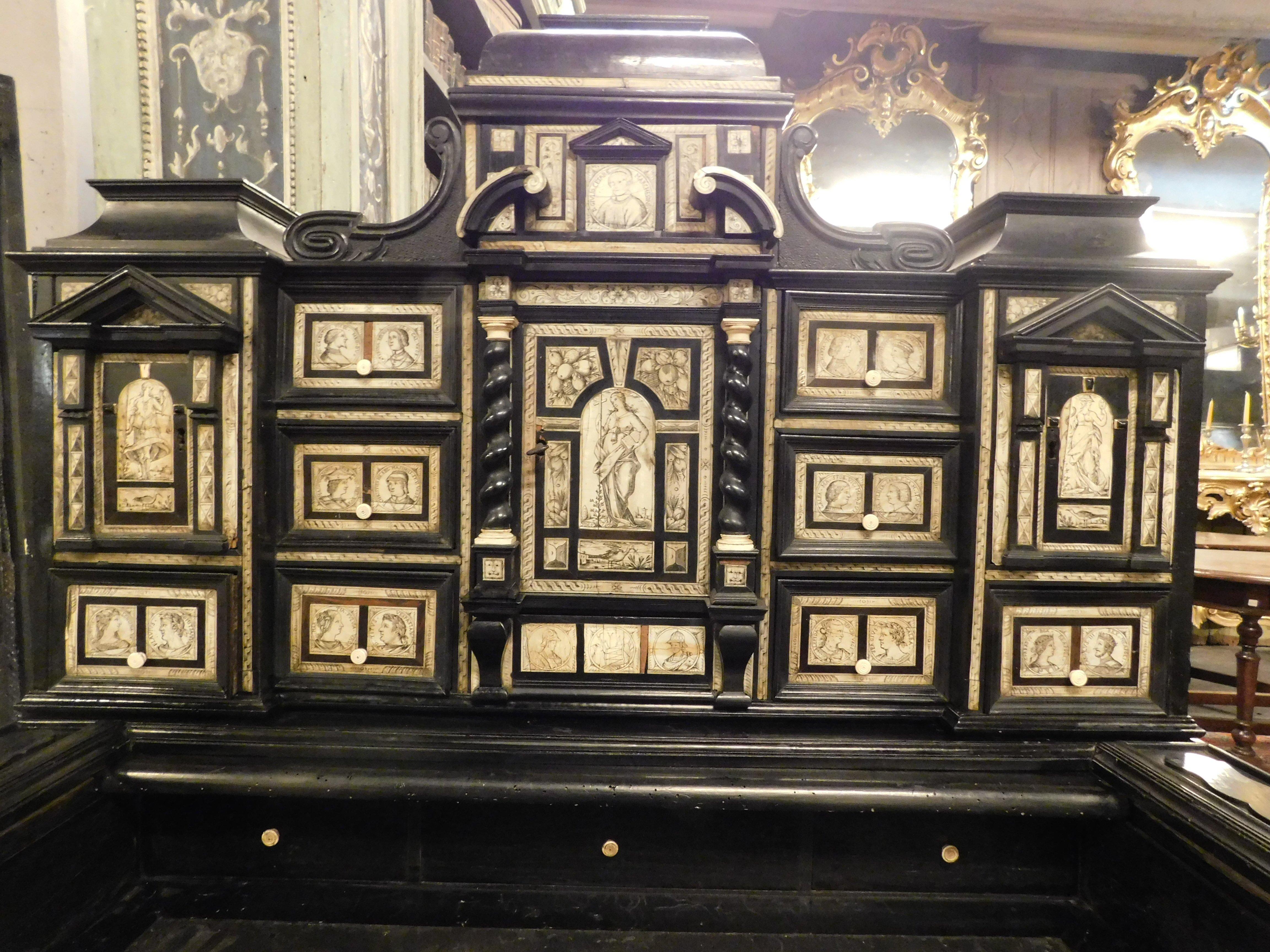 18th Century and Earlier Pair of Antique Rare Richly Inlaid Wooden Coin Cabinets, 18th Century, Italy