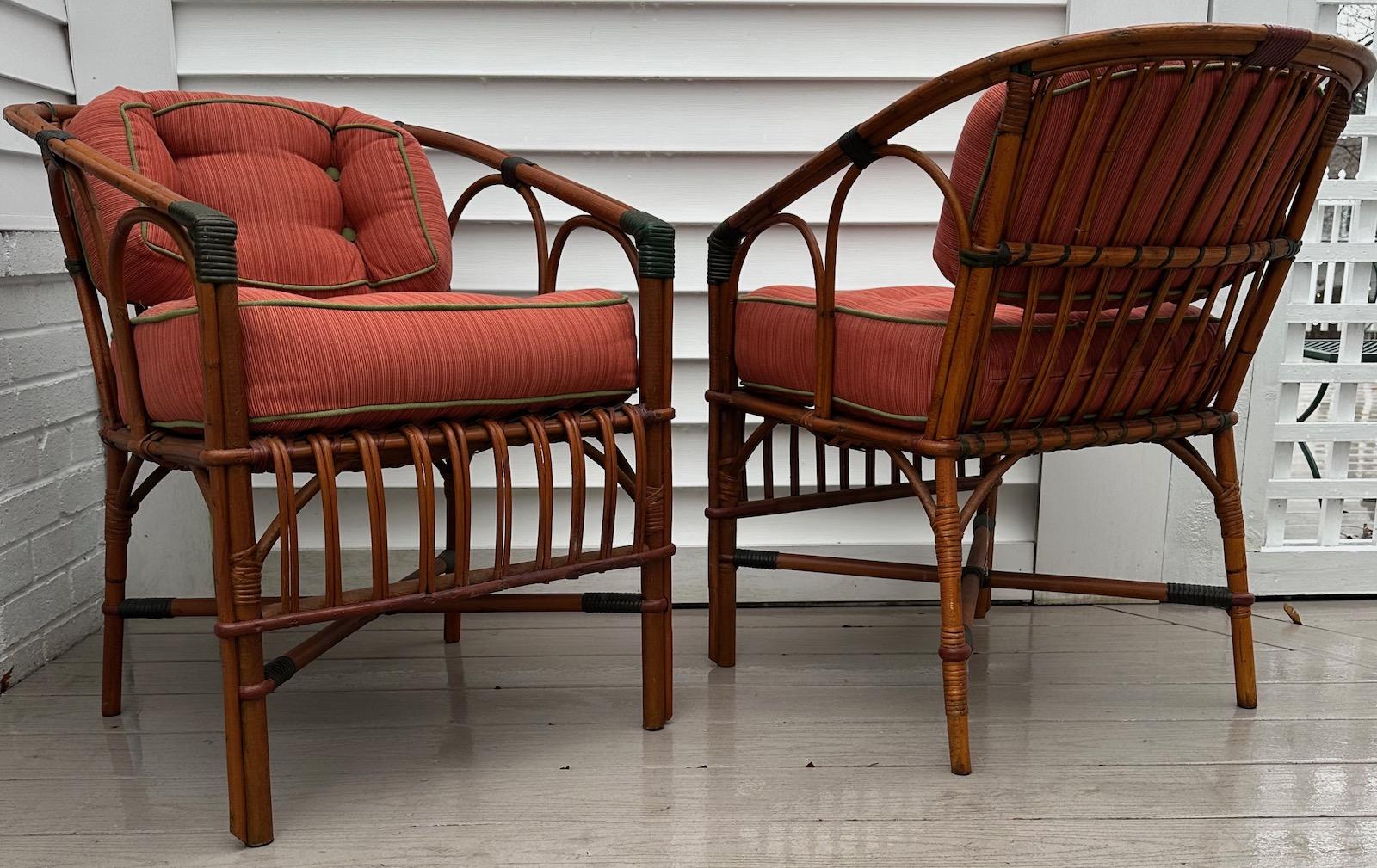 Hand-Crafted Pair of Antique Rattan Arm / Dining Chairs For Sale