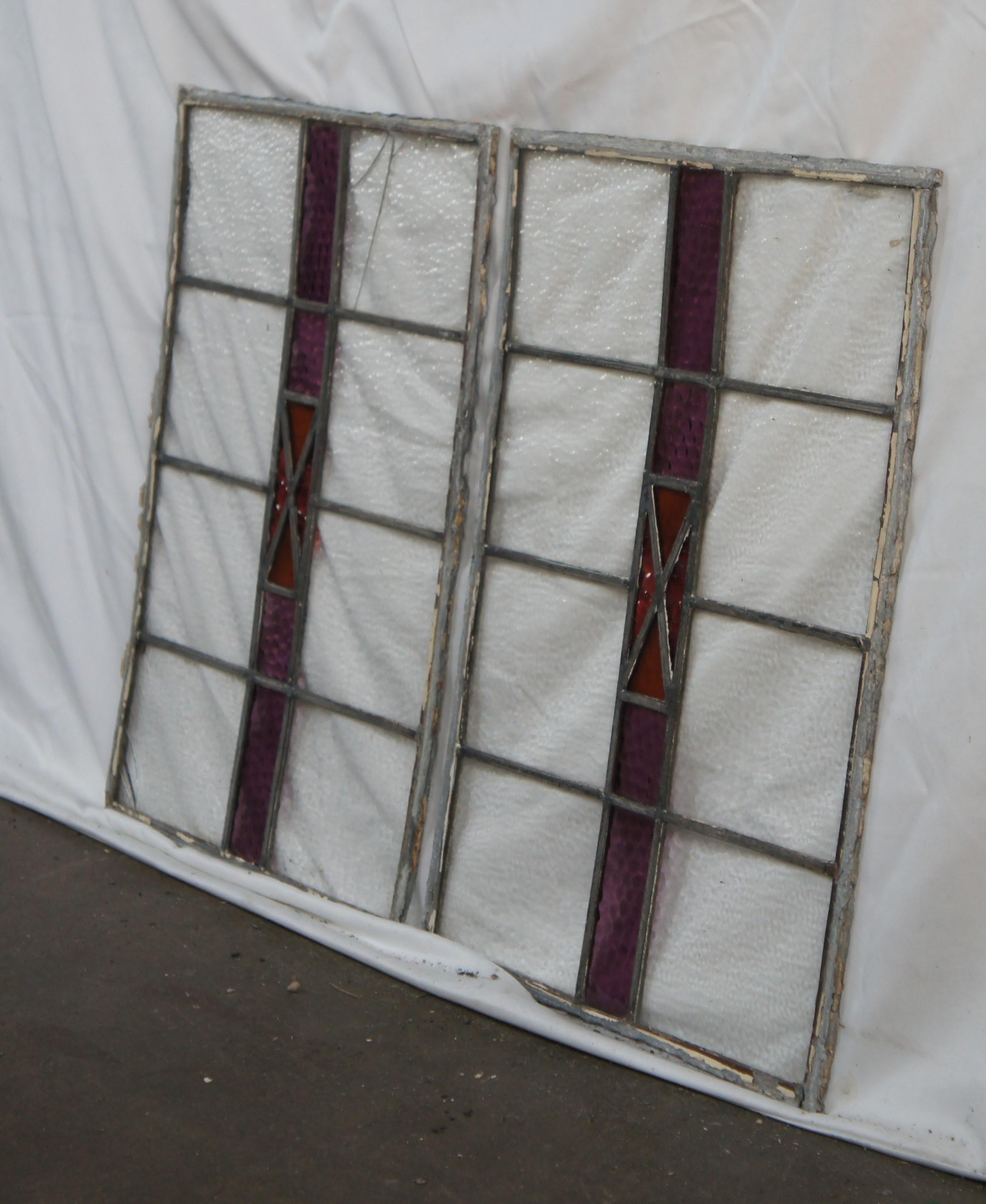 Par de paneles antiguos de cristal emplomado emplomado de amatista para ventana 21
