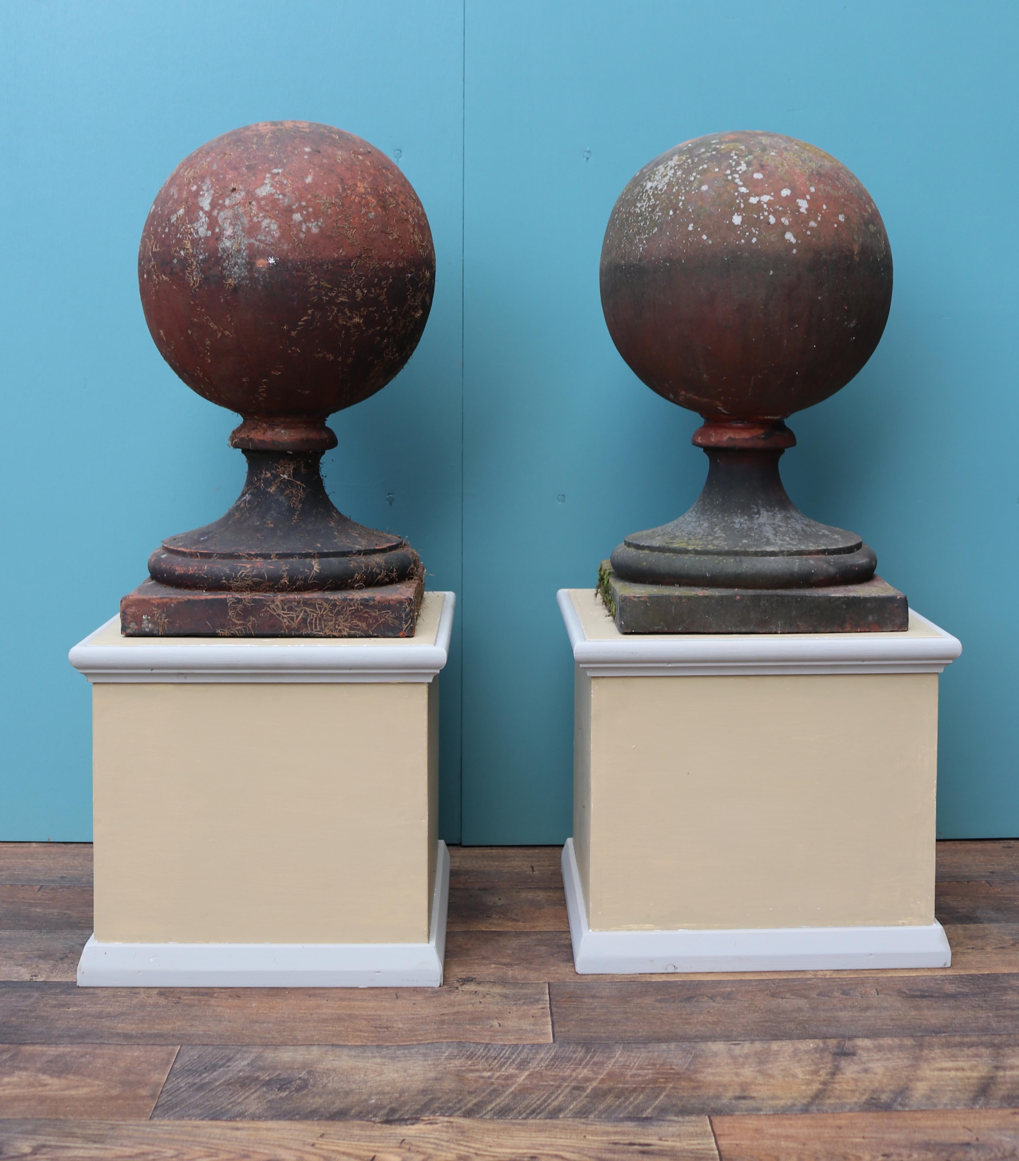 About

A pair of large reclaimed red terracotta gate post finials / pier caps.

Condition report

Some minor weathering and small chips to bases. Good structural order.

Style

Victorian

Date of manufacture

circa