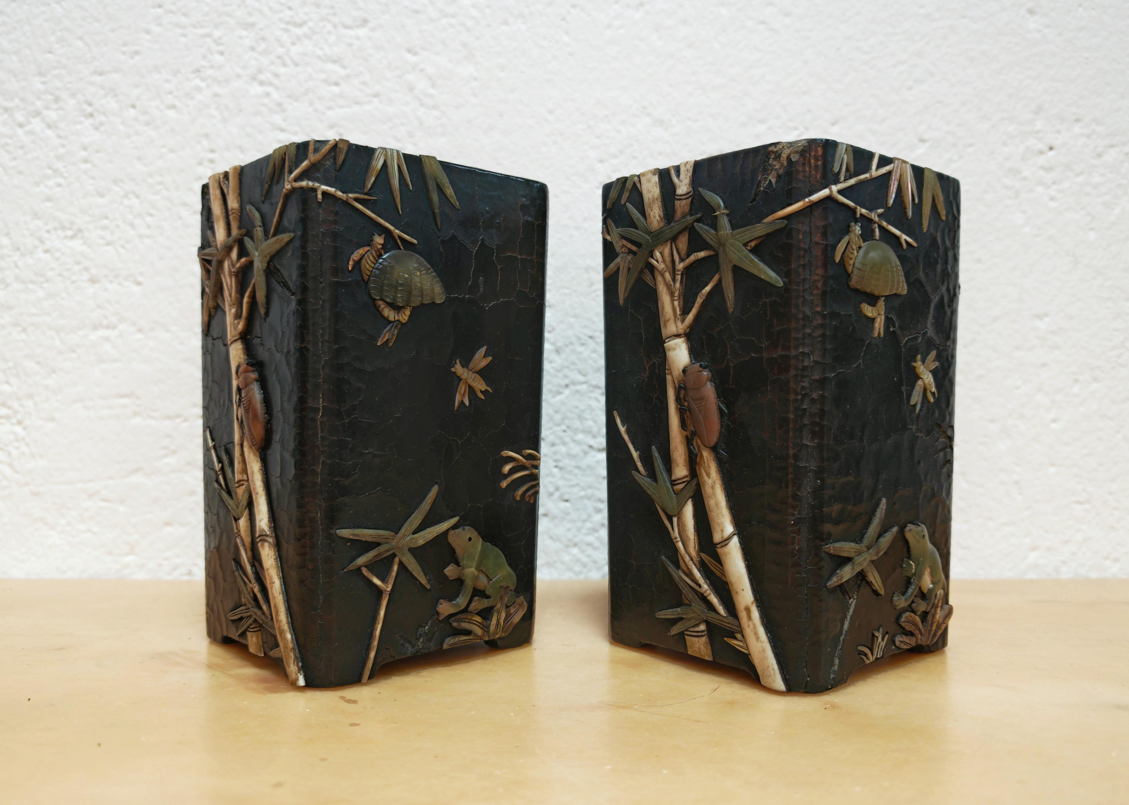 Paar antike rechteckige Pinseltöpfe, schwarzer Lack mit Intarsien, China um 1800 im Angebot 2