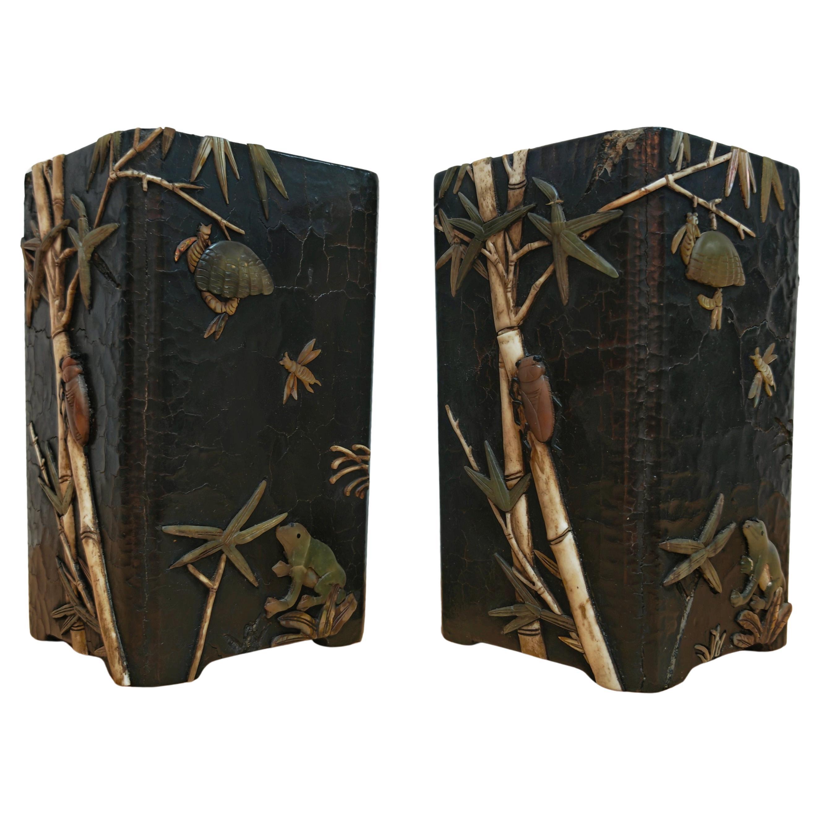 Paar antike rechteckige Pinseltöpfe, schwarzer Lack mit Intarsien, China um 1800 im Angebot