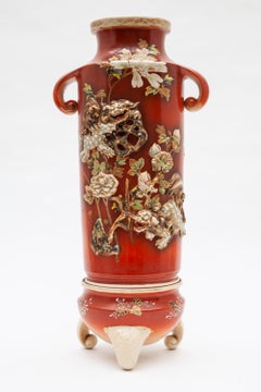 Pair of Antique Red 19th Century Satsuma Vases, Japan
