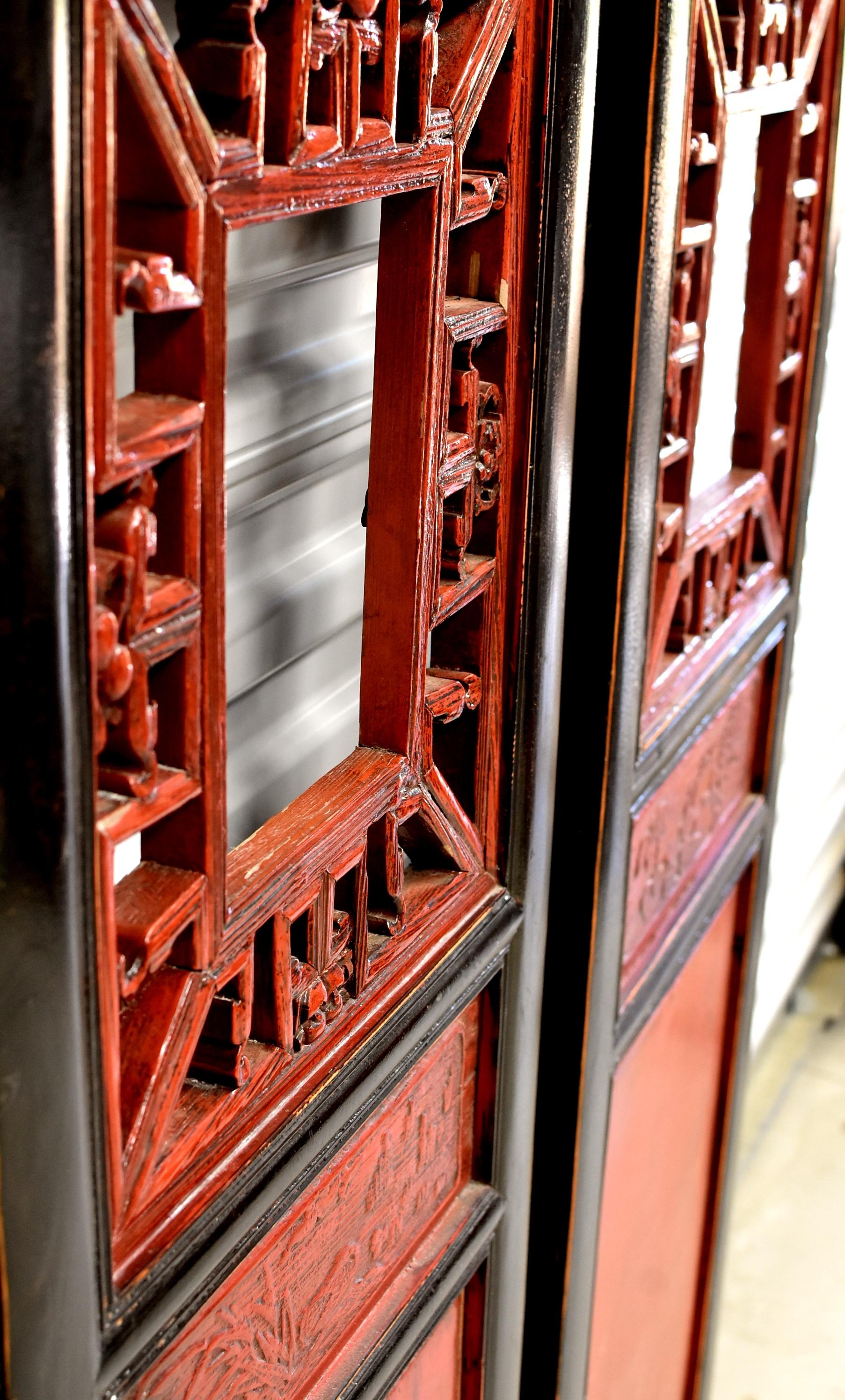 Pair of Antique Red and Black Chinese Screens For Sale 8