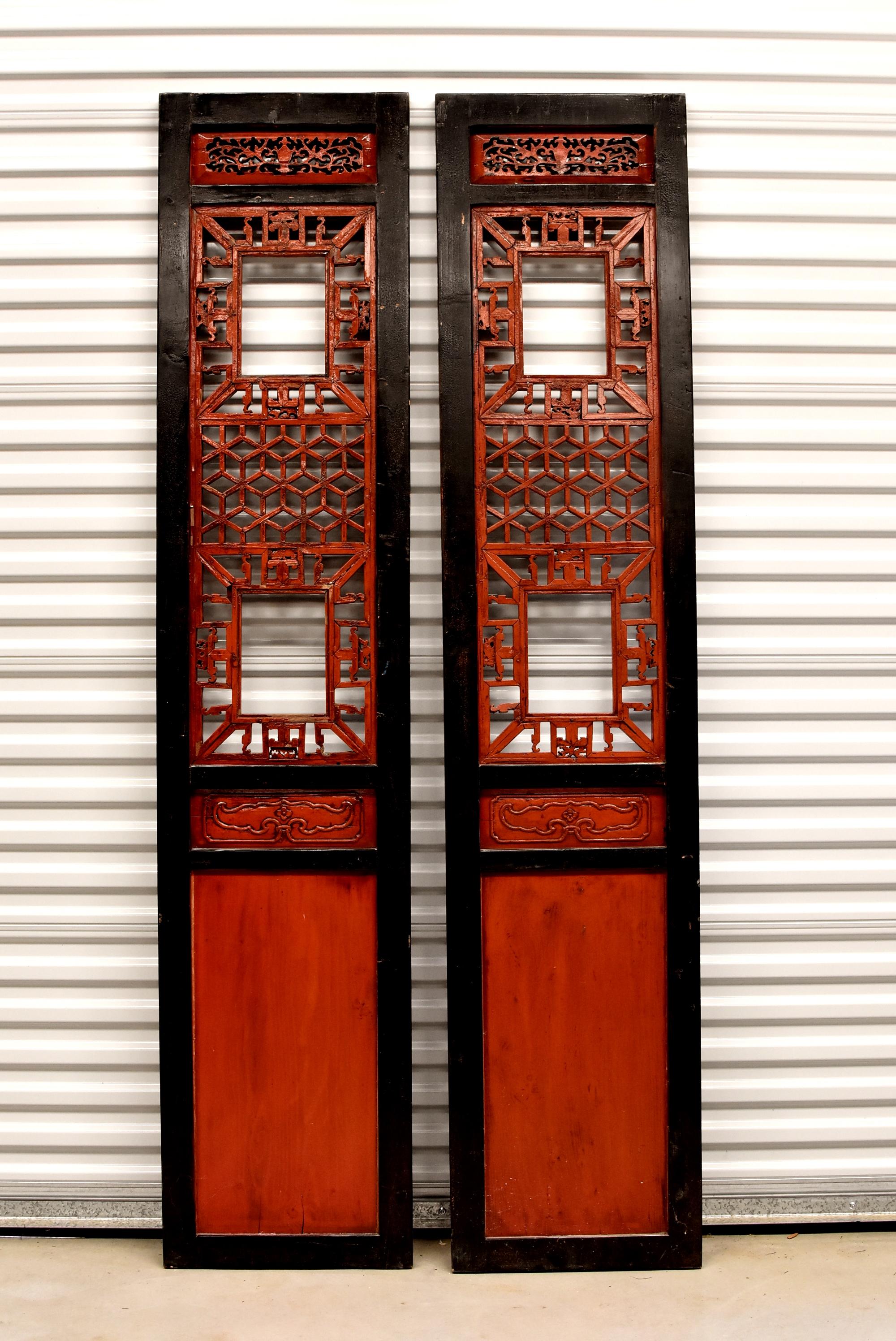 Pair of Antique Red and Black Chinese Screens For Sale 11