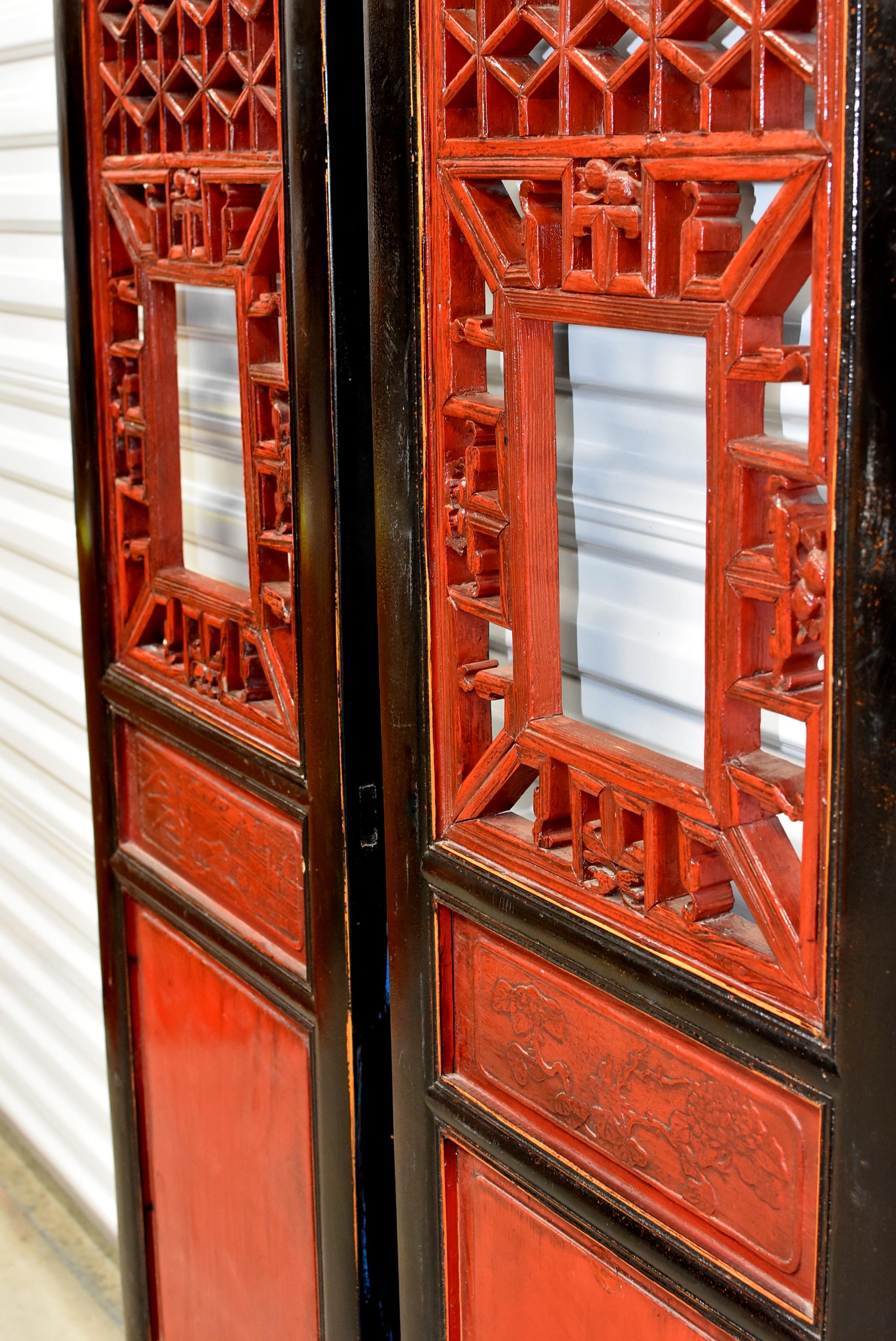 Pair of Antique Red and Black Chinese Screens For Sale 1