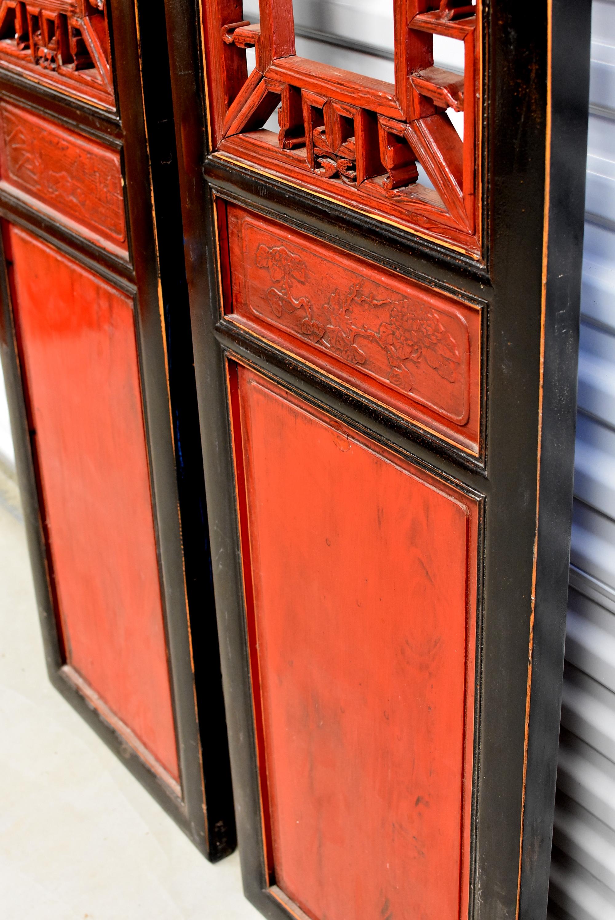 Pair of Antique Red and Black Chinese Screens For Sale 2