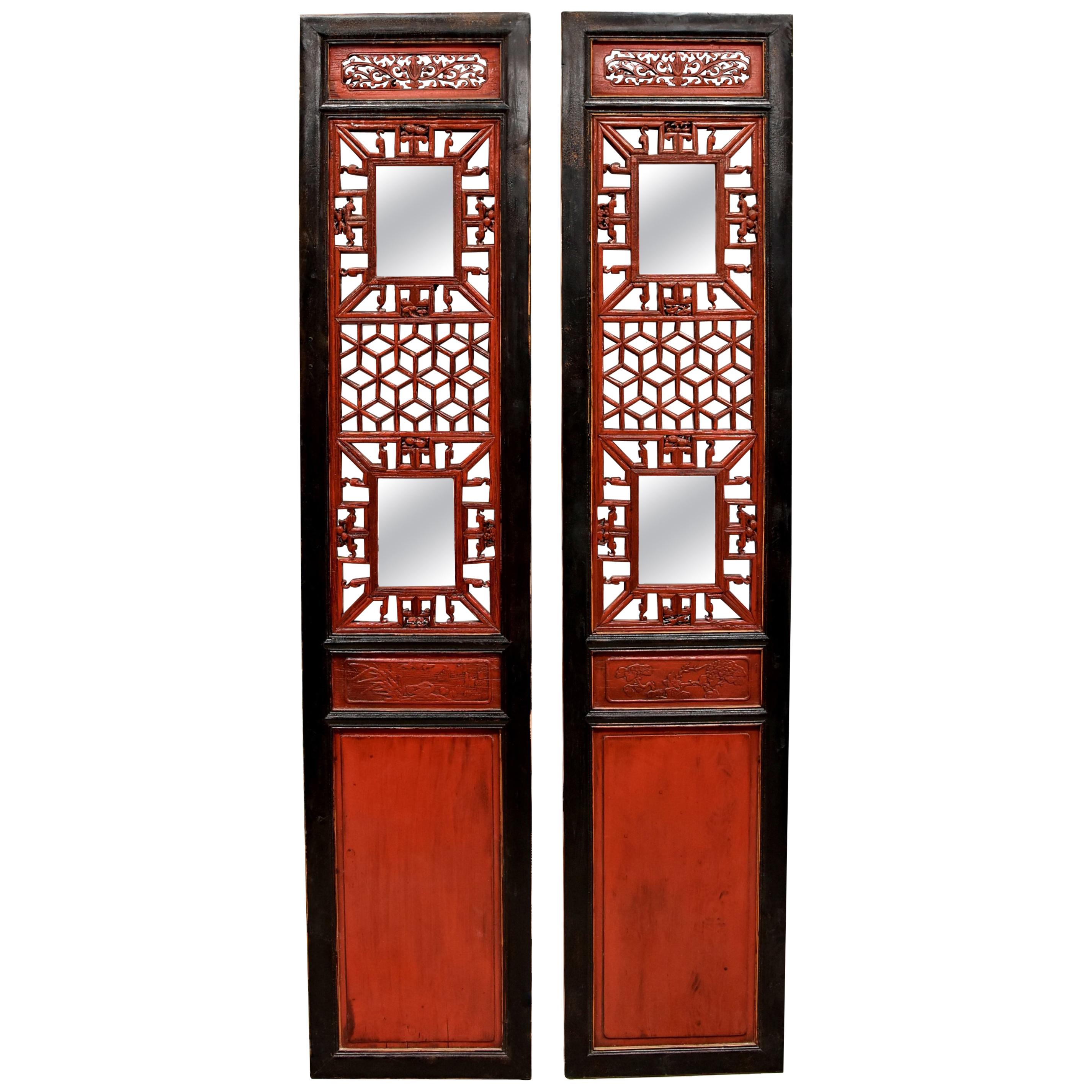 Pair of Antique Red and Black Chinese Screens