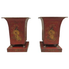 Pair of Antique Red and Gold Chinoiserie Style Cachepots