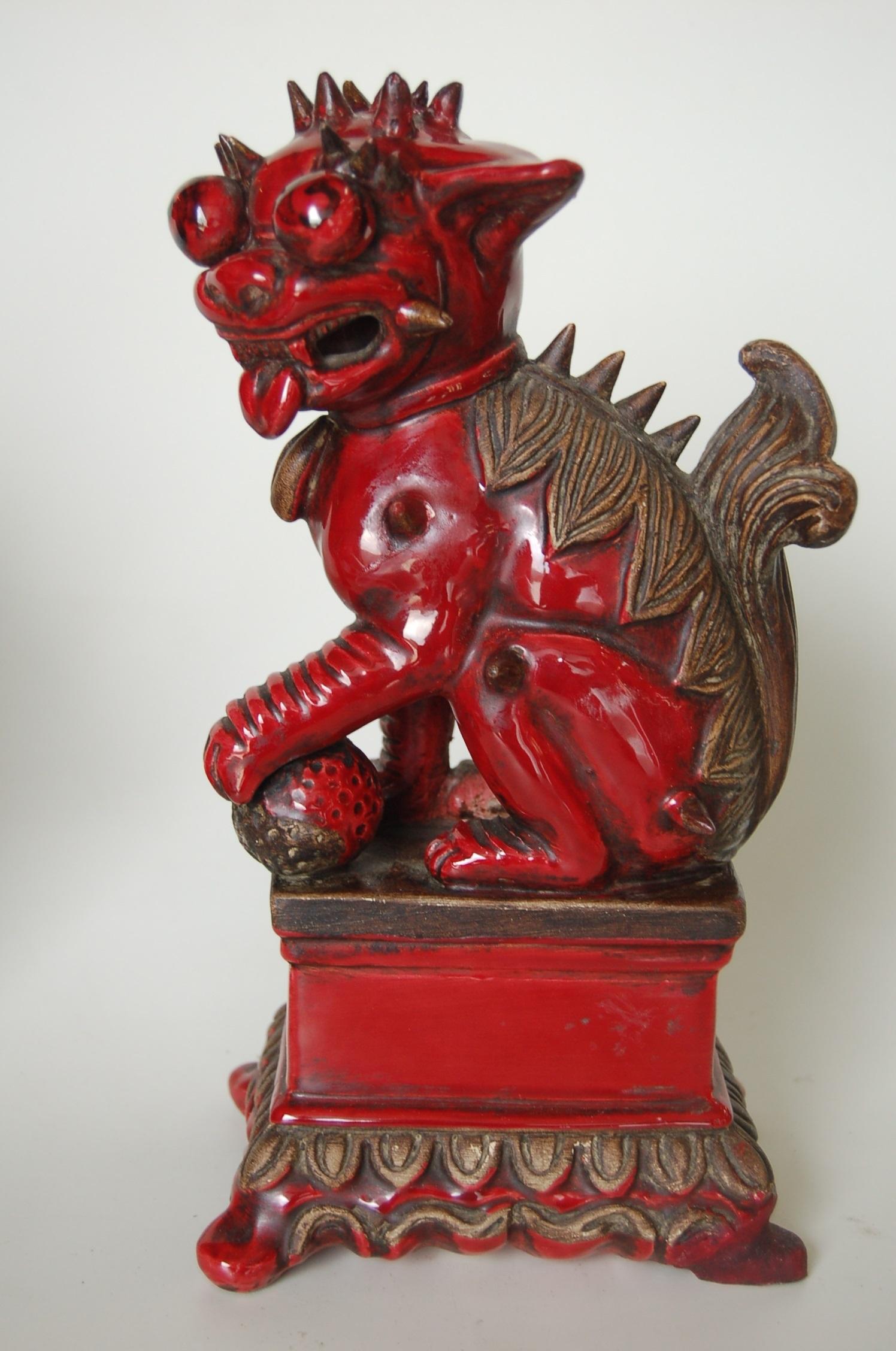 Glazed Pair of Antique Red Ceramic Chinese Flying Dragons Figures