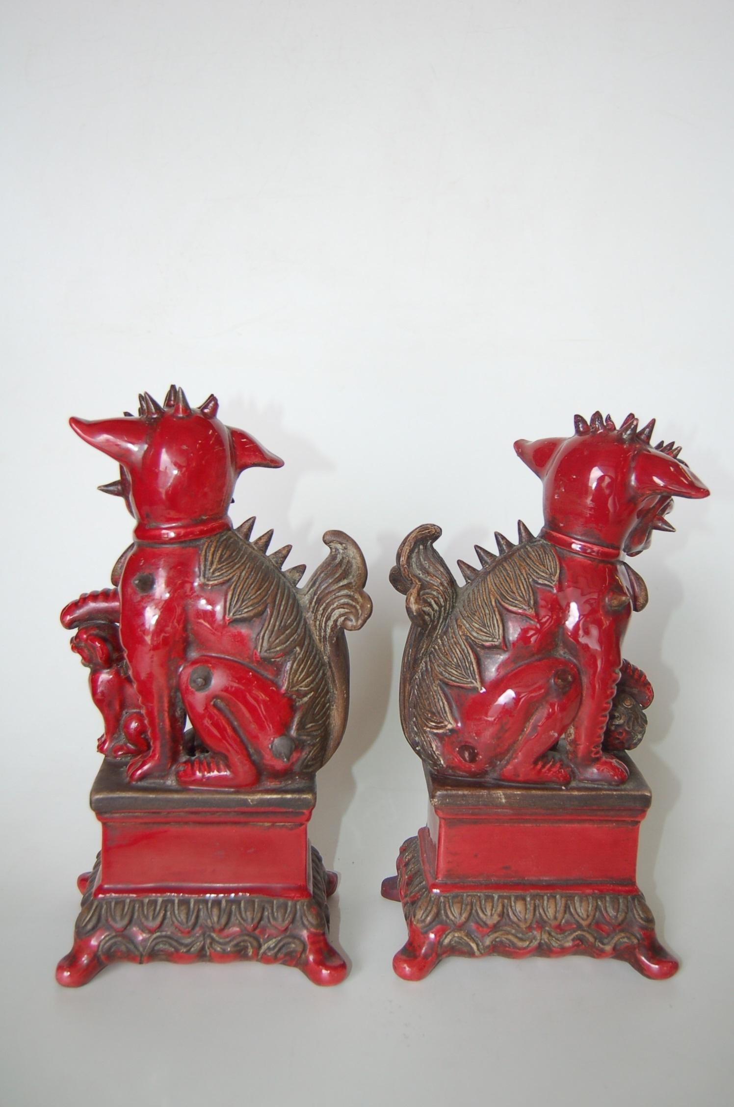 Pair of Antique Red Ceramic Chinese Flying Dragons Figures In Excellent Condition In Van Nuys, CA