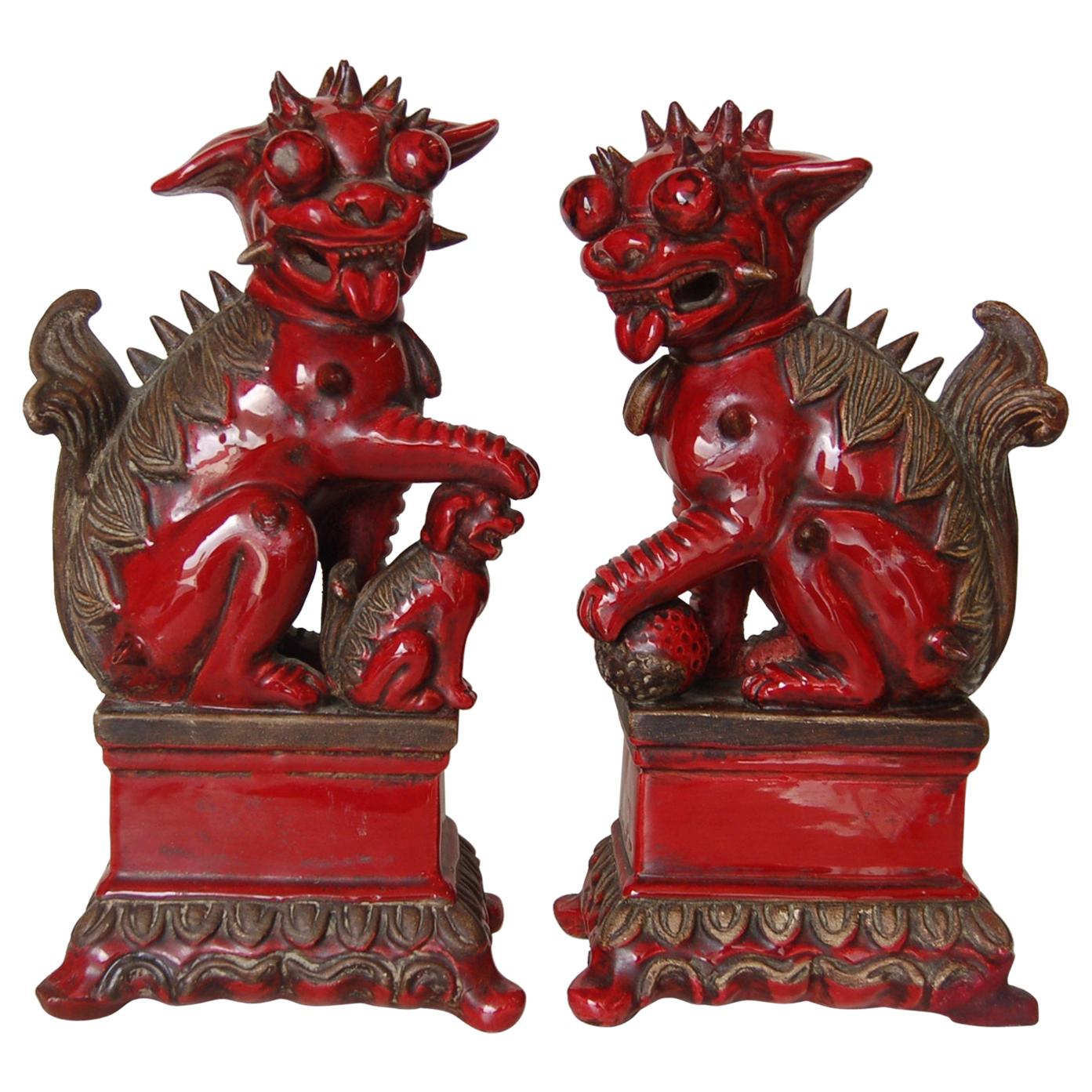 Pair of Antique Red Ceramic Chinese Flying Dragons Figures