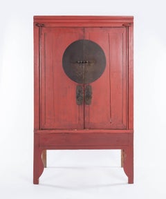 Pair of Antique Red Lacquer Ming-Style Chinese Wardrobe or Armoire Cabinets