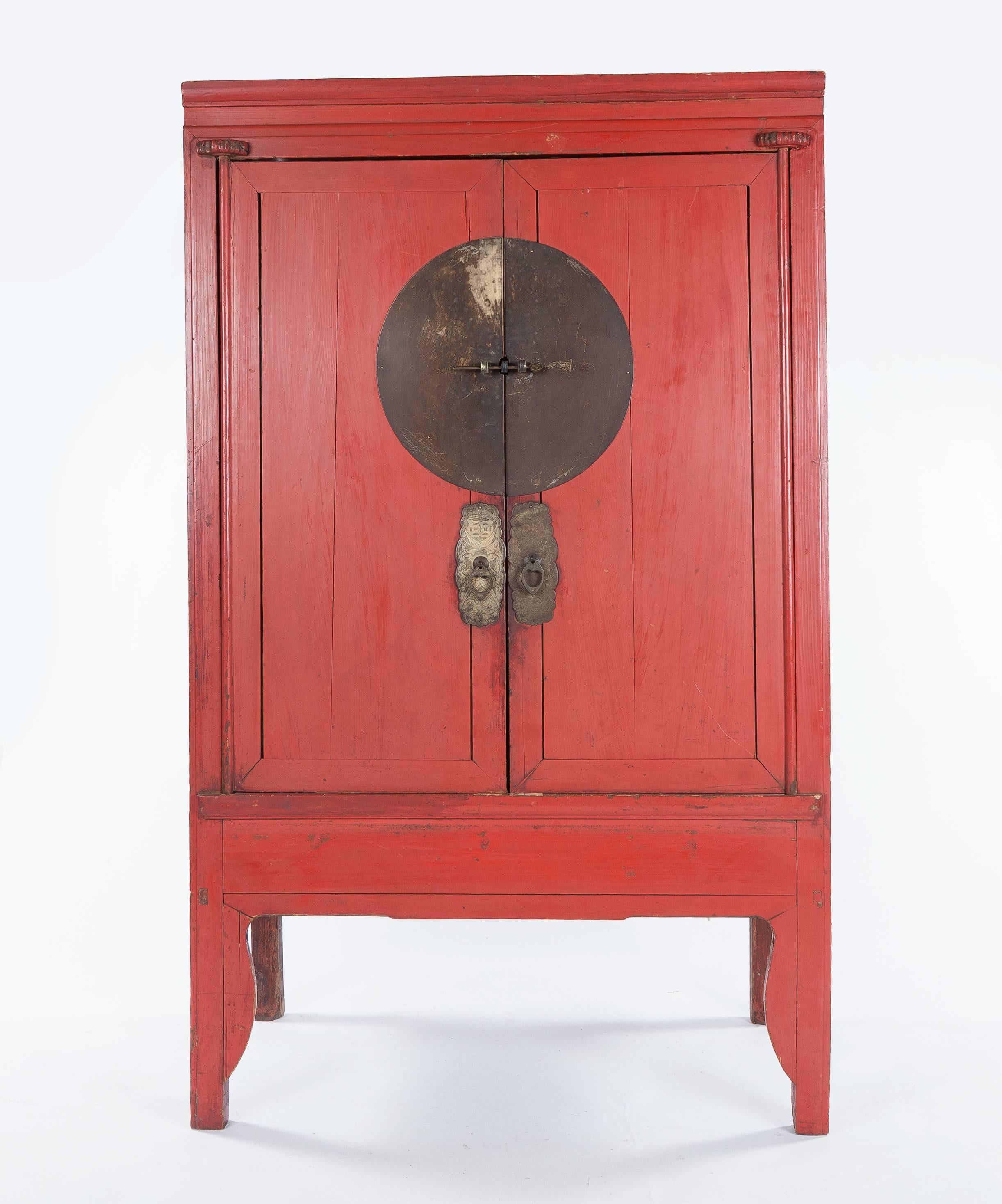 Wood Pair of Antique Red Lacquer Ming-Style Chinese Wardrobe or Armoire Cabinets For Sale