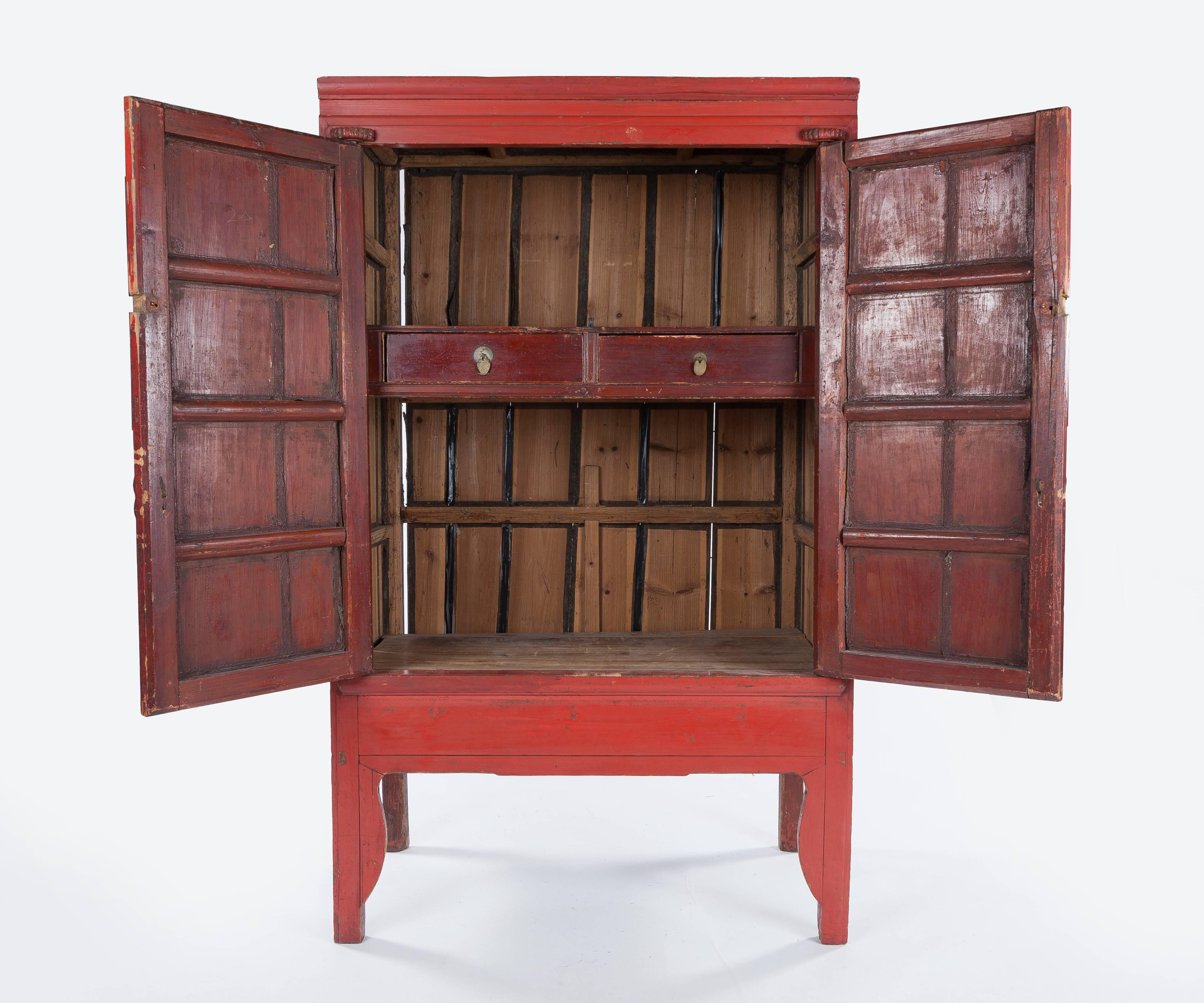Pair of Antique Red Lacquer Ming-Style Chinese Wardrobe or Armoire Cabinets For Sale 1