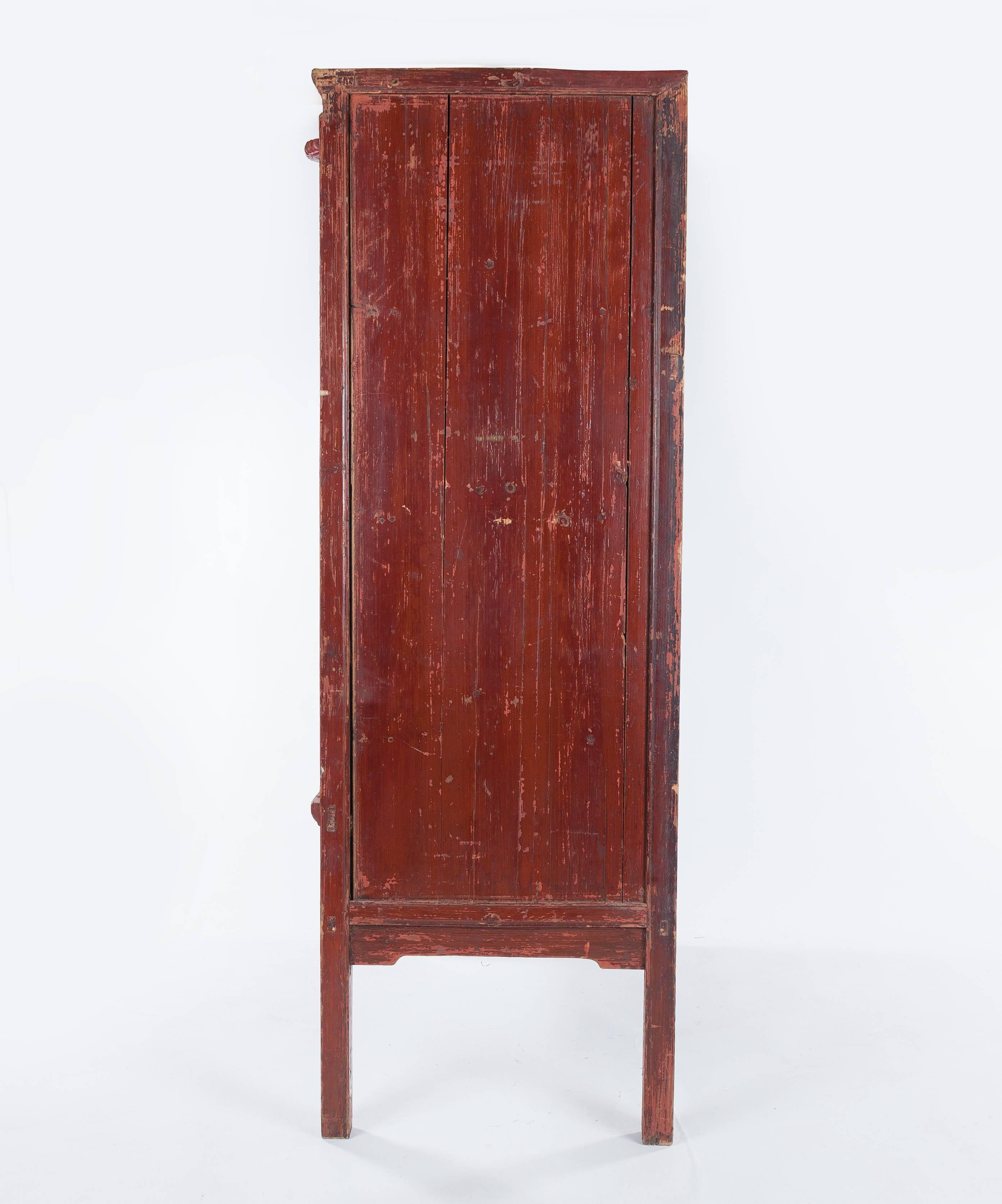 Pair of Antique Red Lacquer Ming-Style Chinese Wardrobe or Armoire Cabinets For Sale 2