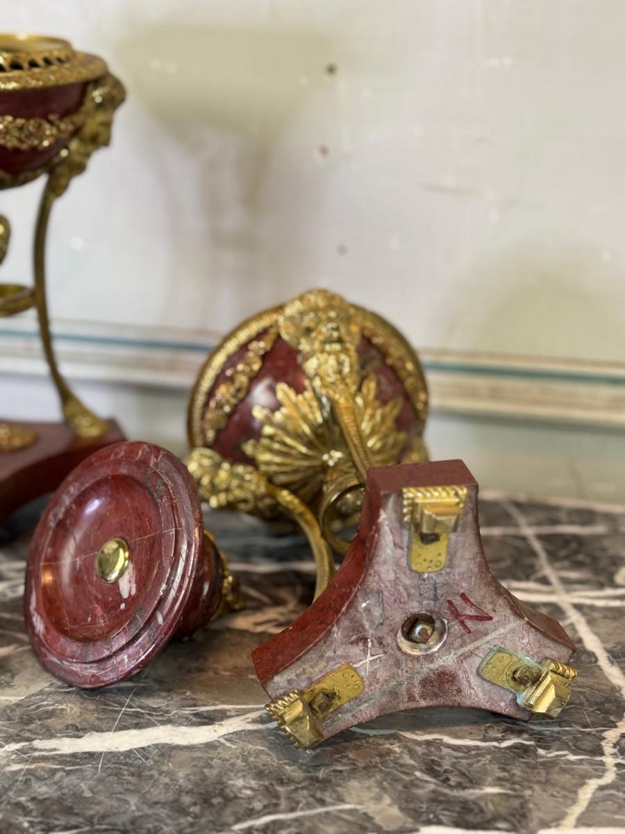 Bronze Pair Of Antique Red Marble Tripod Vases In The Louis XVI Style Circa 1880 For Sale