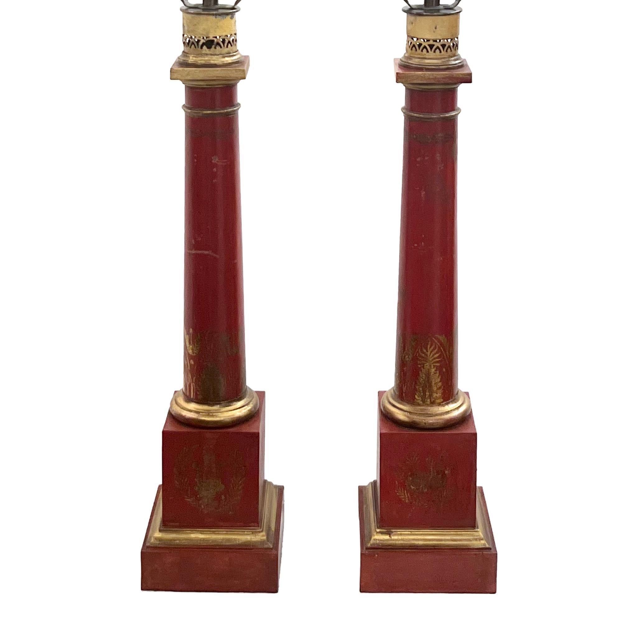 French Pair of Antique Red Painted Tole Lamps  For Sale