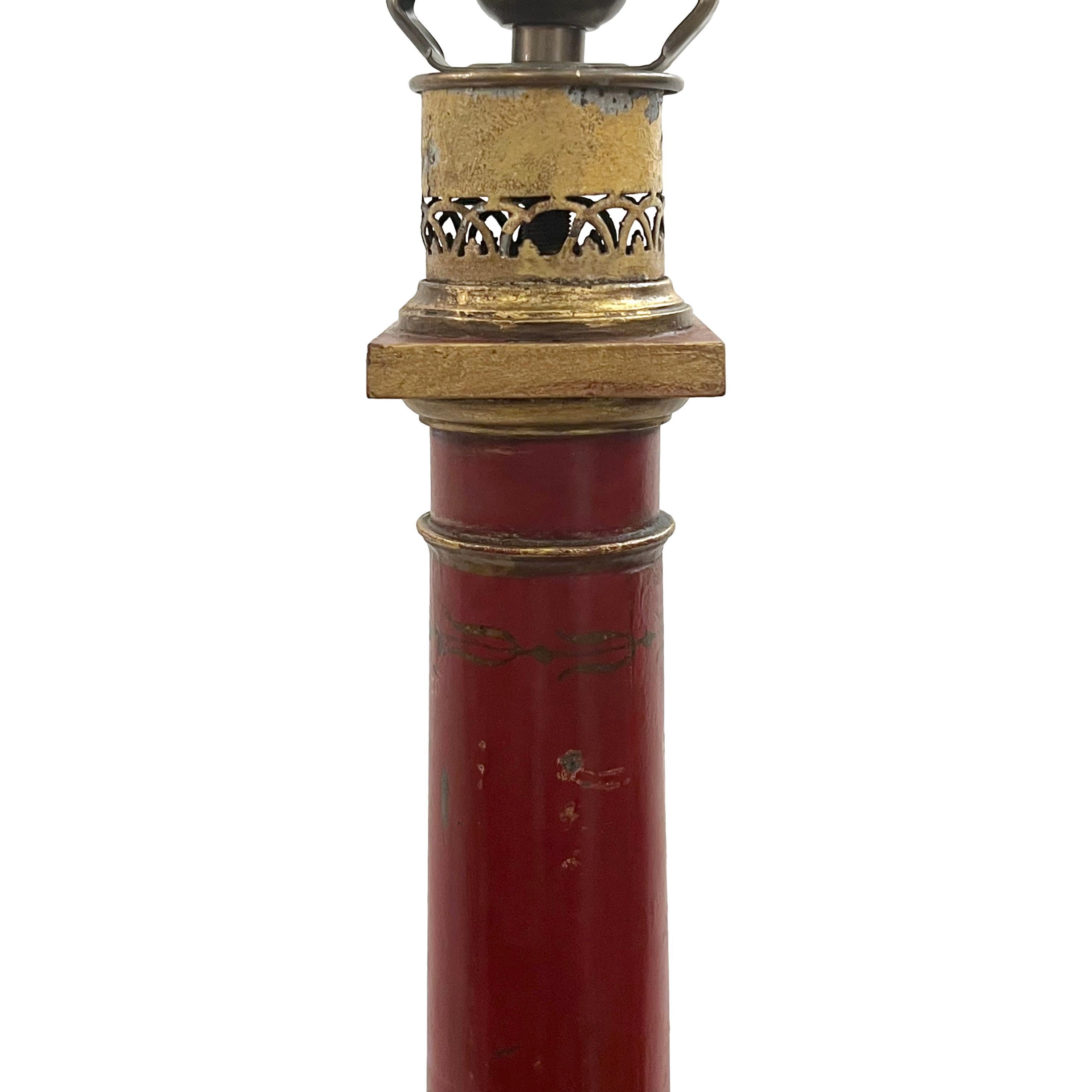 Pair of Antique Red Painted Tole Lamps  In Good Condition For Sale In New York, NY
