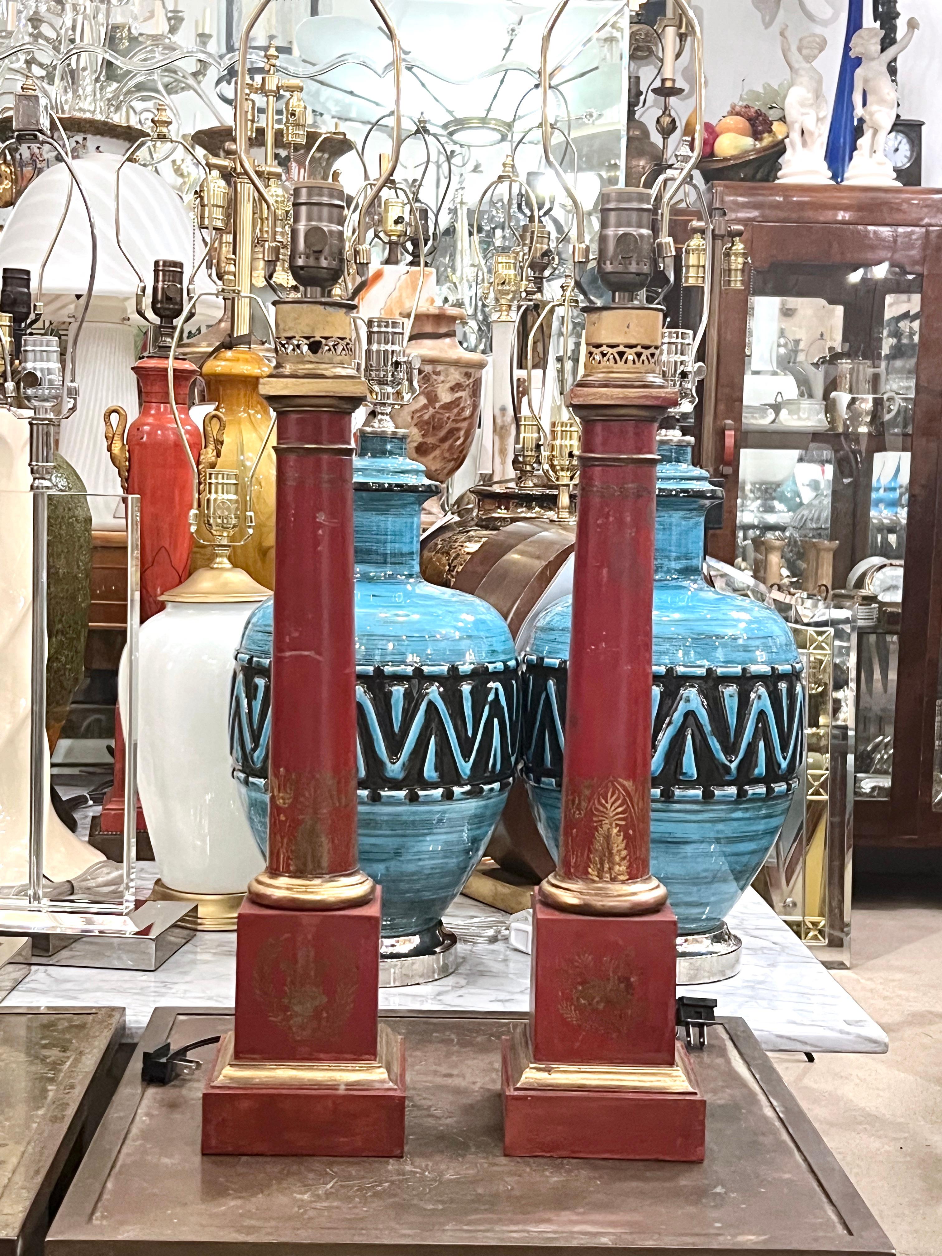Early 20th Century Pair of Antique Red Painted Tole Lamps  For Sale