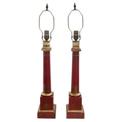 Pair of Antique Red Painted Tole Lamps 