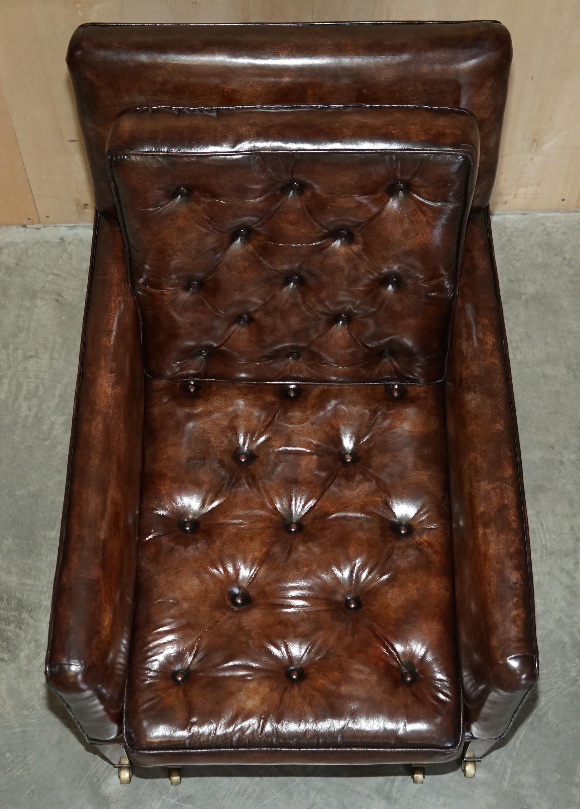 Pair of Antique Regency Brown Leather Chesterfield Armchairs Extending Stools For Sale 5