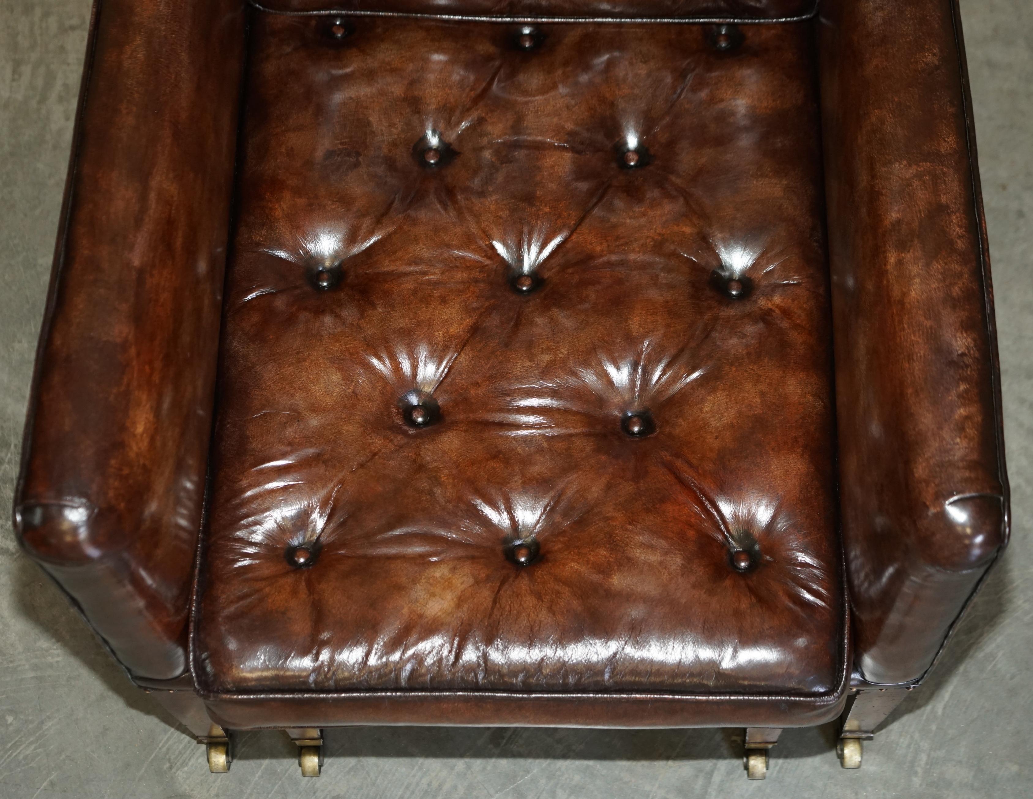 Pair of Antique Regency Brown Leather Chesterfield Armchairs Extending Stools For Sale 6