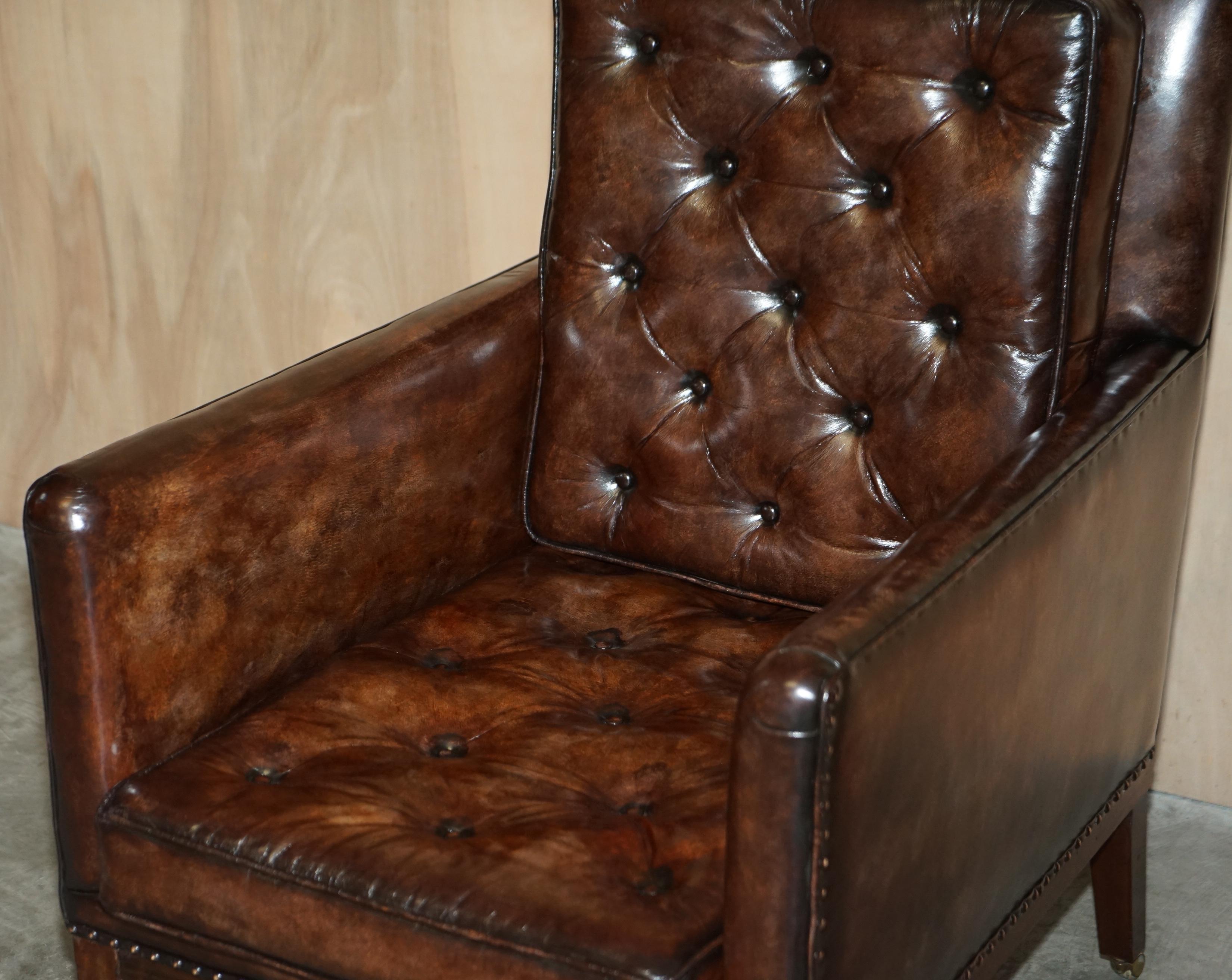 Pair of Antique Regency Brown Leather Chesterfield Armchairs Extending Stools For Sale 7