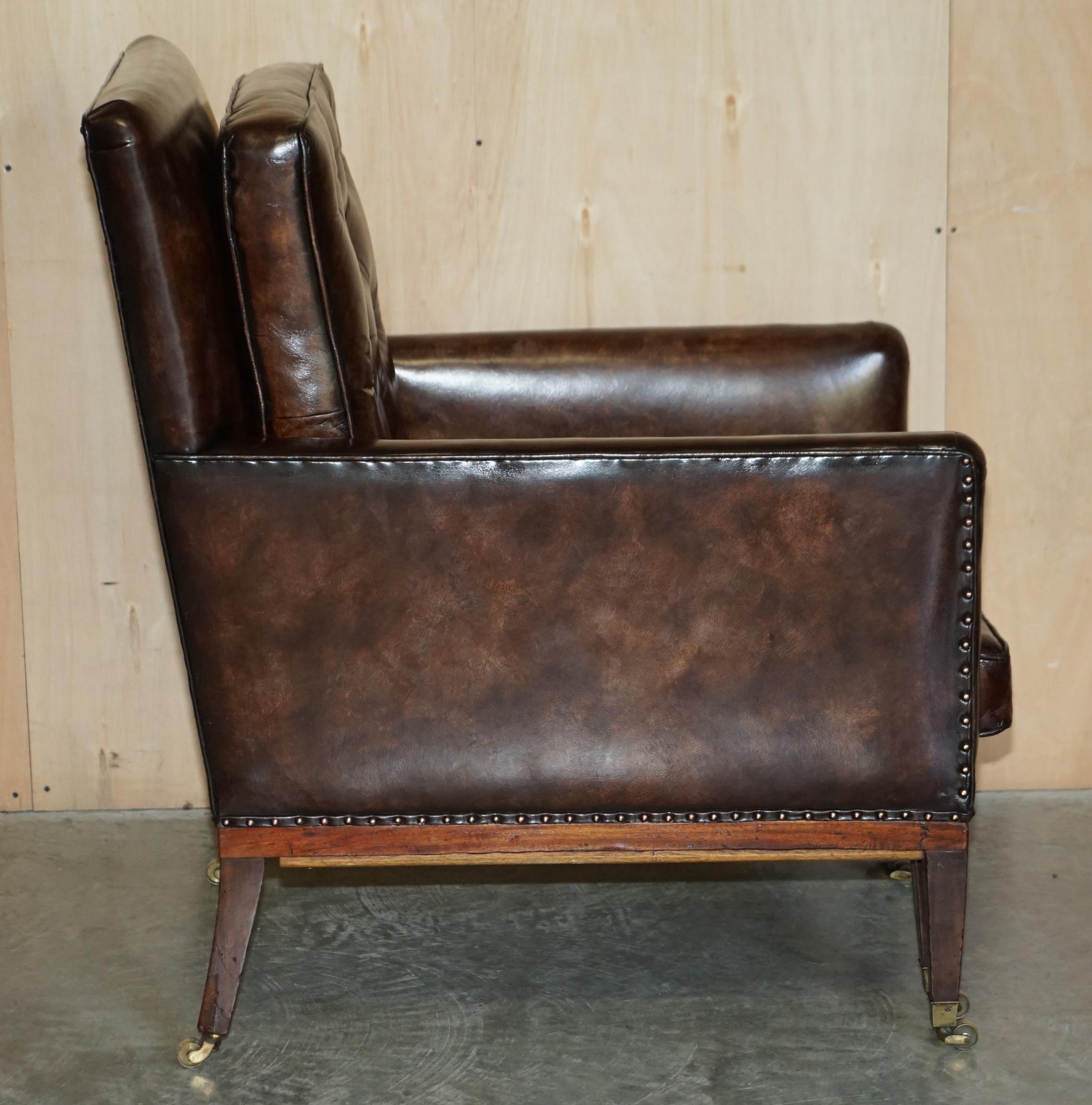 Pair of Antique Regency Brown Leather Chesterfield Armchairs Extending Stools For Sale 8