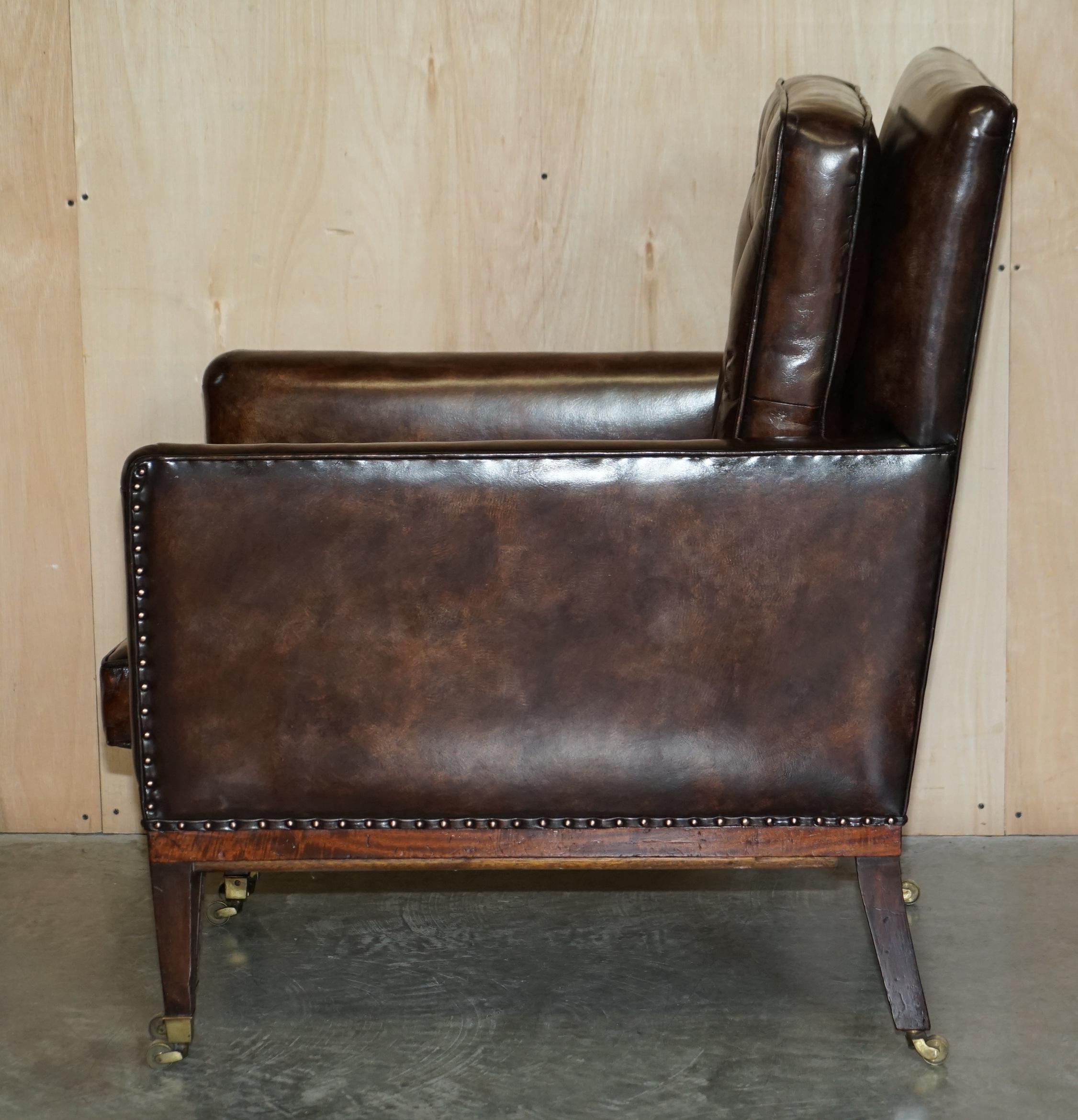 Pair of Antique Regency Brown Leather Chesterfield Armchairs Extending Stools For Sale 10