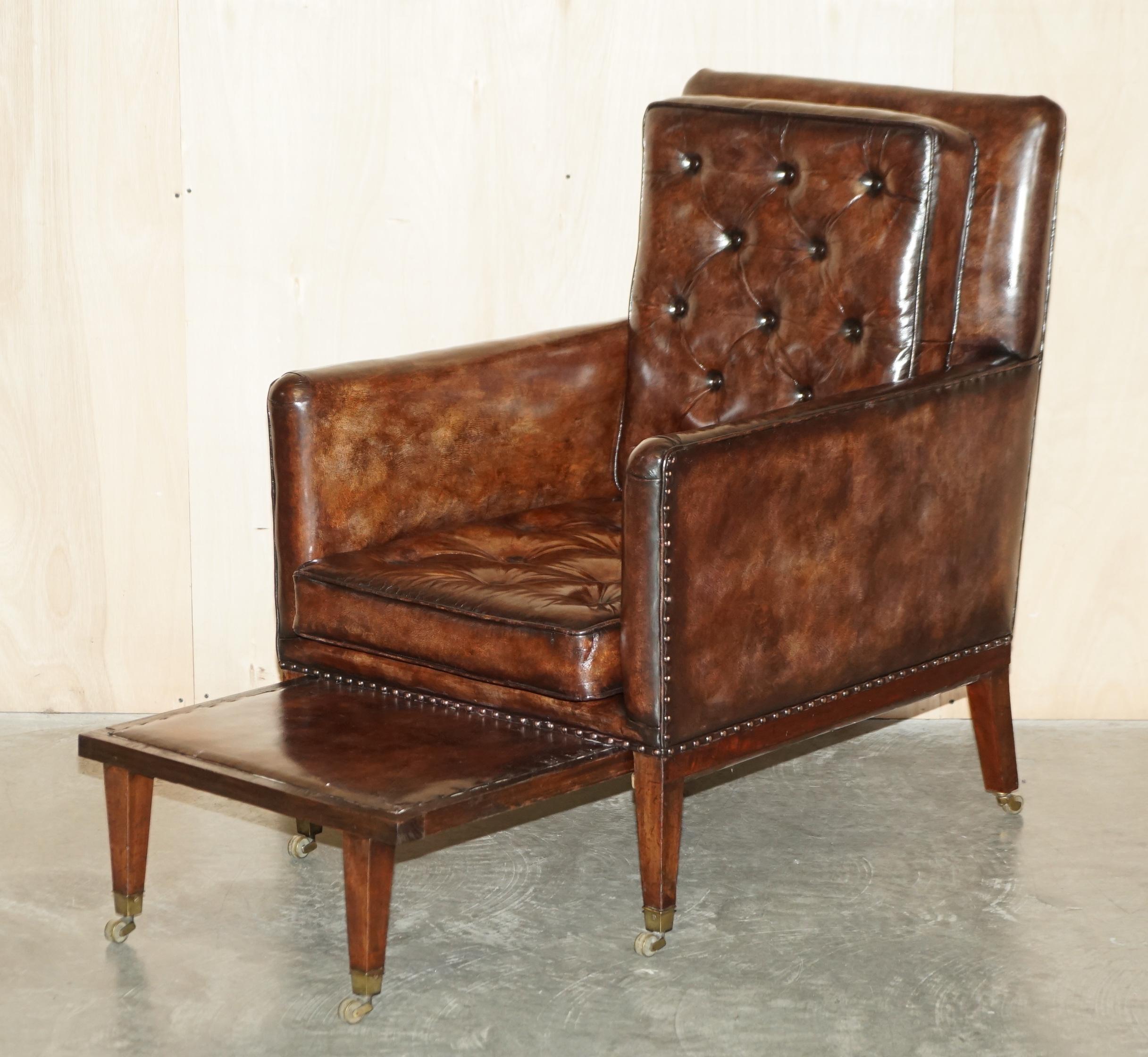 Pair of Antique Regency Brown Leather Chesterfield Armchairs Extending Stools For Sale 11