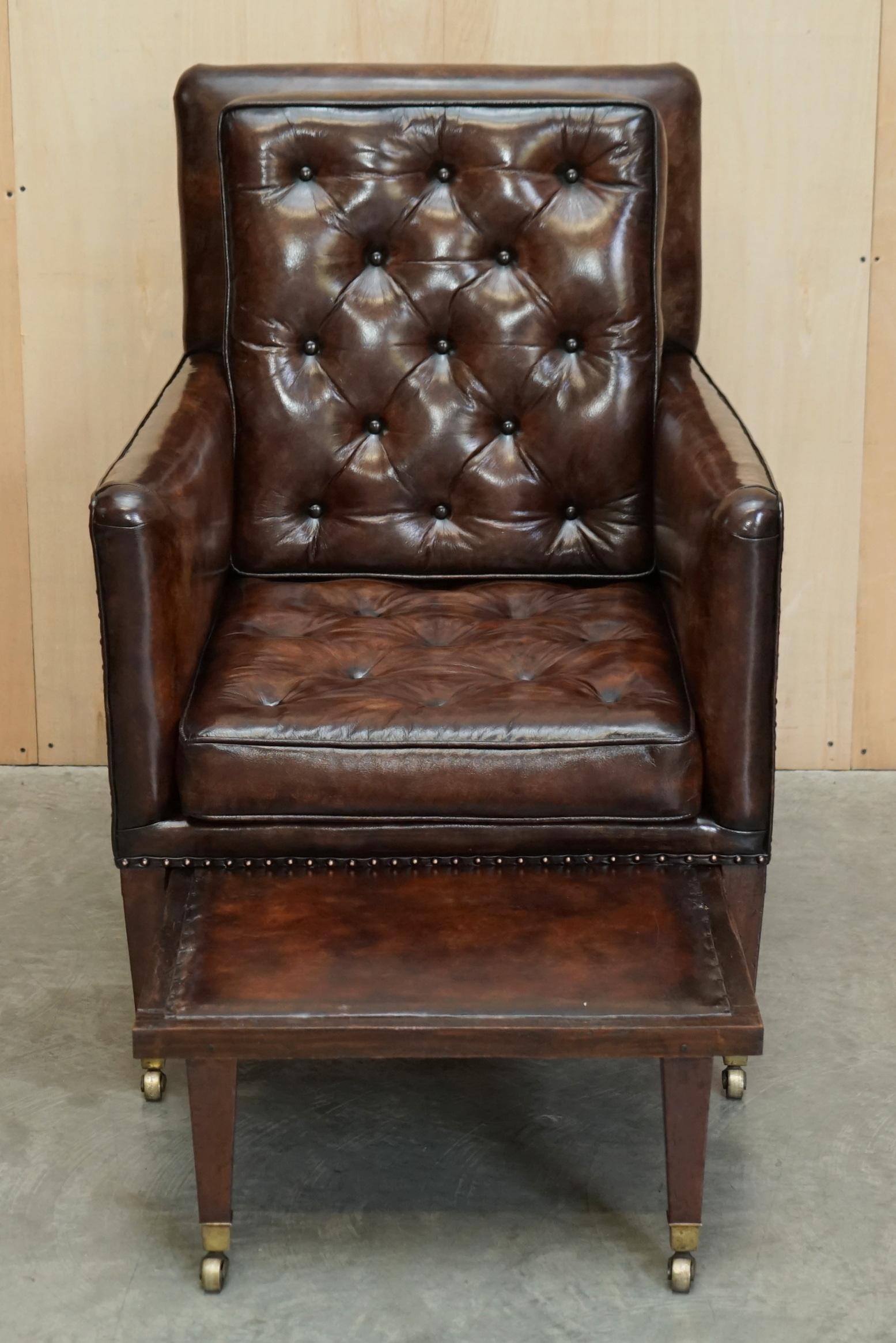 Pair of Antique Regency Brown Leather Chesterfield Armchairs Extending Stools For Sale 12