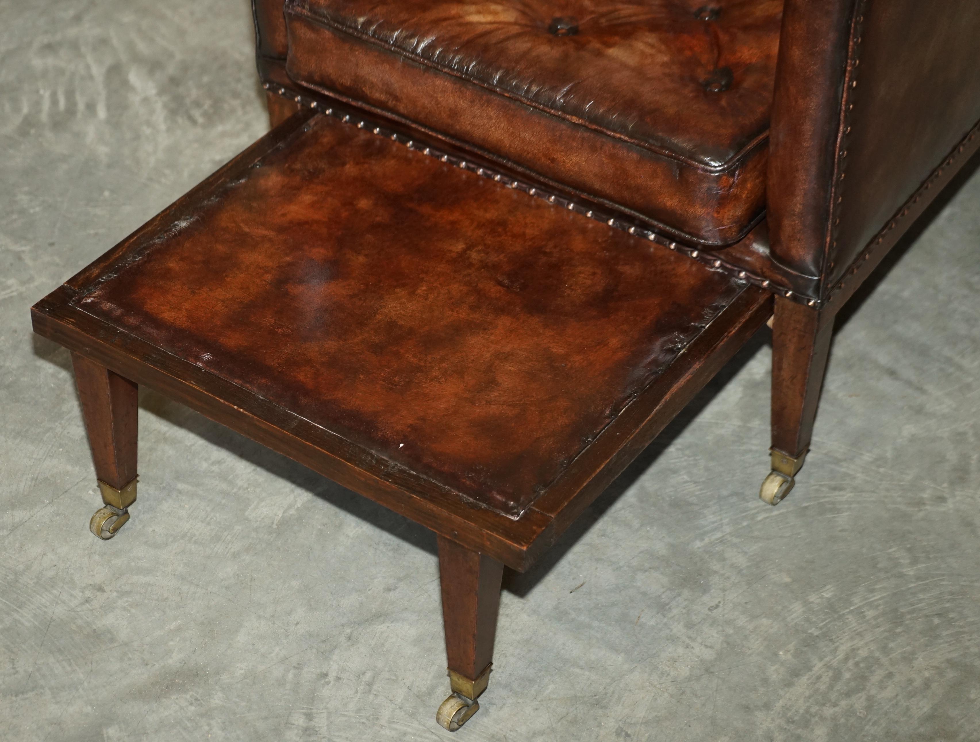 Pair of Antique Regency Brown Leather Chesterfield Armchairs Extending Stools For Sale 14