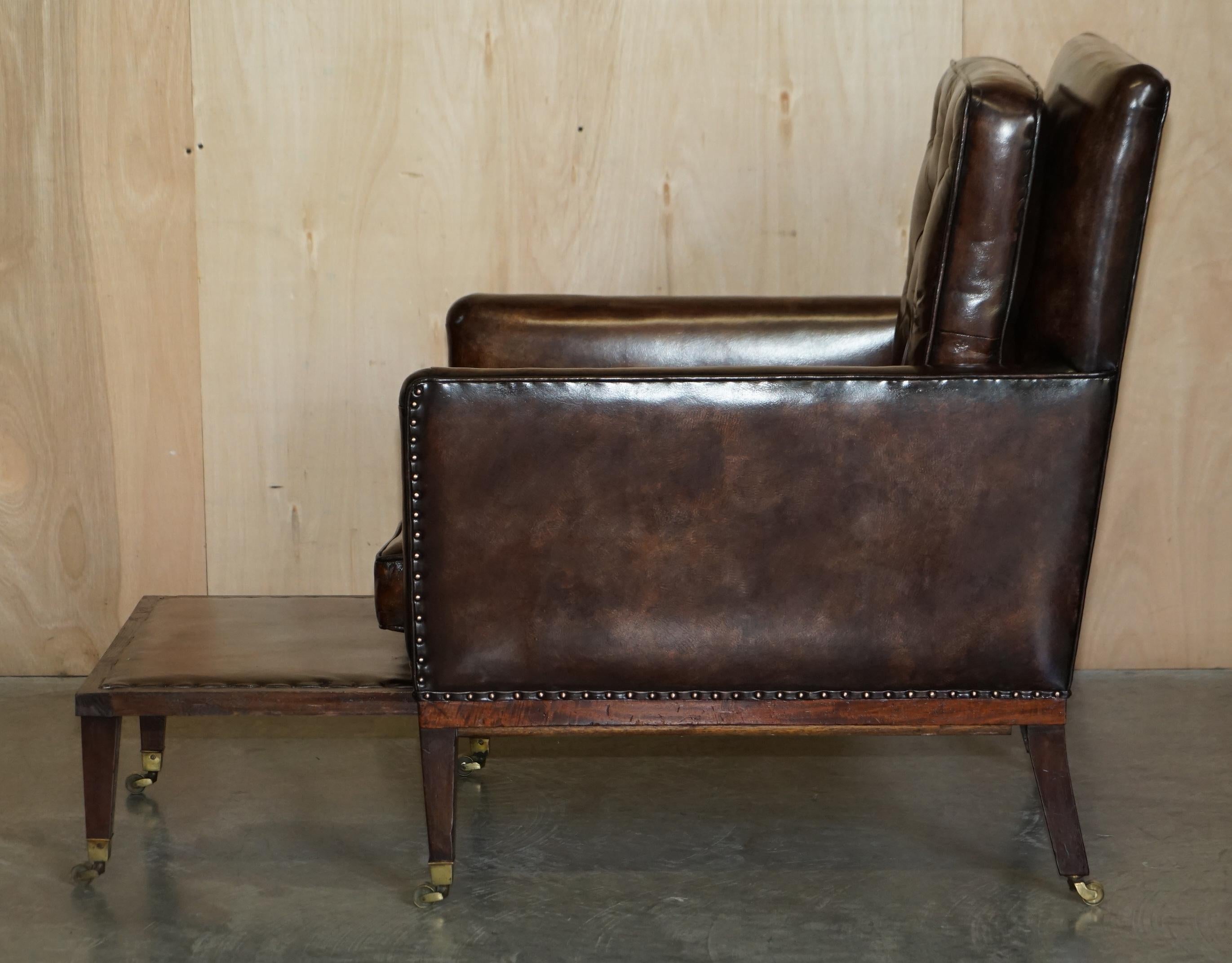 Pair of Antique Regency Brown Leather Chesterfield Armchairs Extending Stools For Sale 15