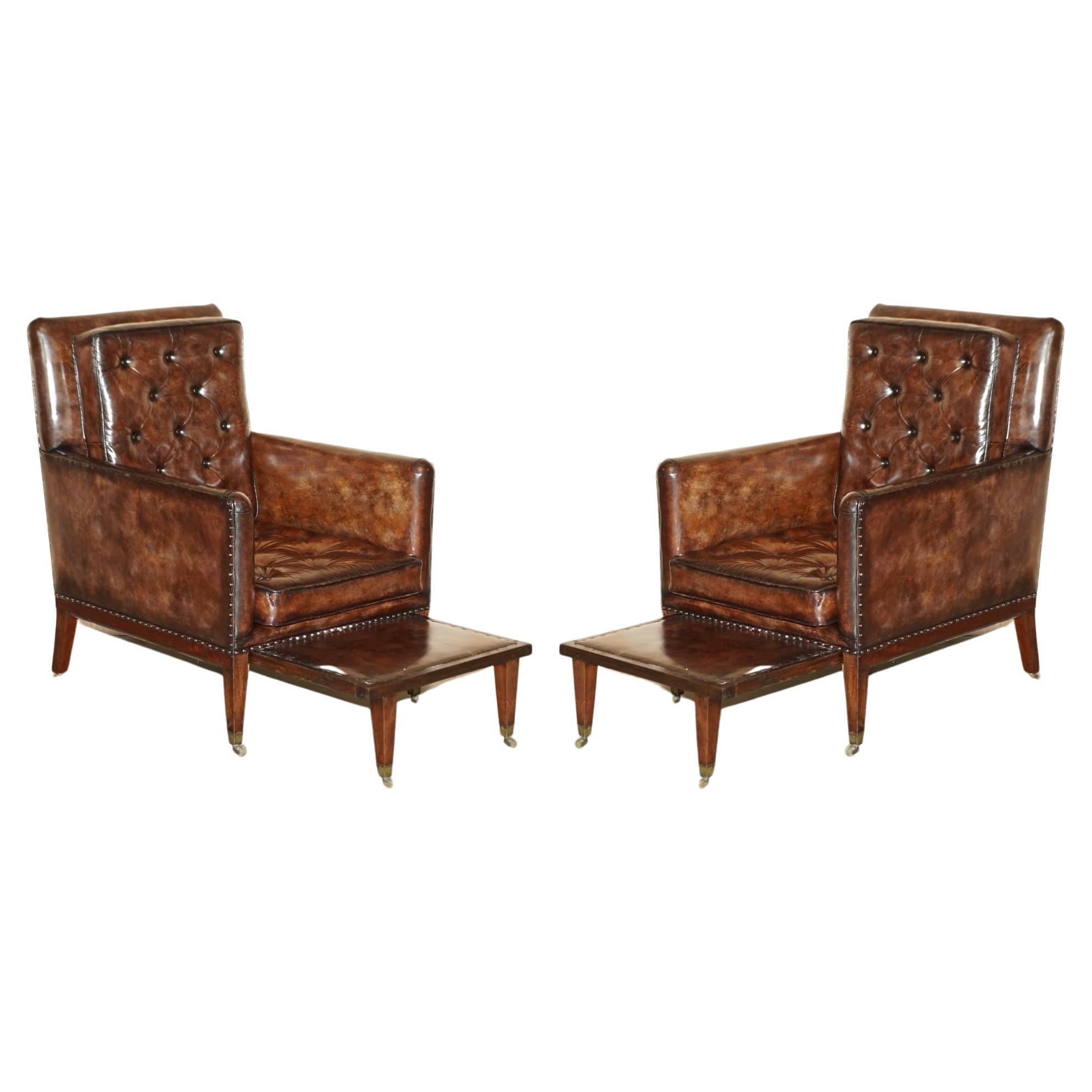 Pair of Antique Regency Brown Leather Chesterfield Armchairs Extending Stools For Sale