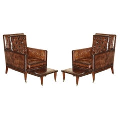 Pair of Antique Regency Brown Leather Chesterfield Armchairs Extending Stools