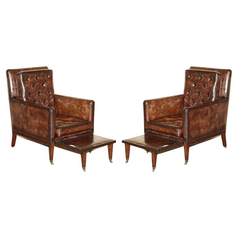 Pair of Antique Regency Brown Leather Chesterfield Armchairs Extending ...